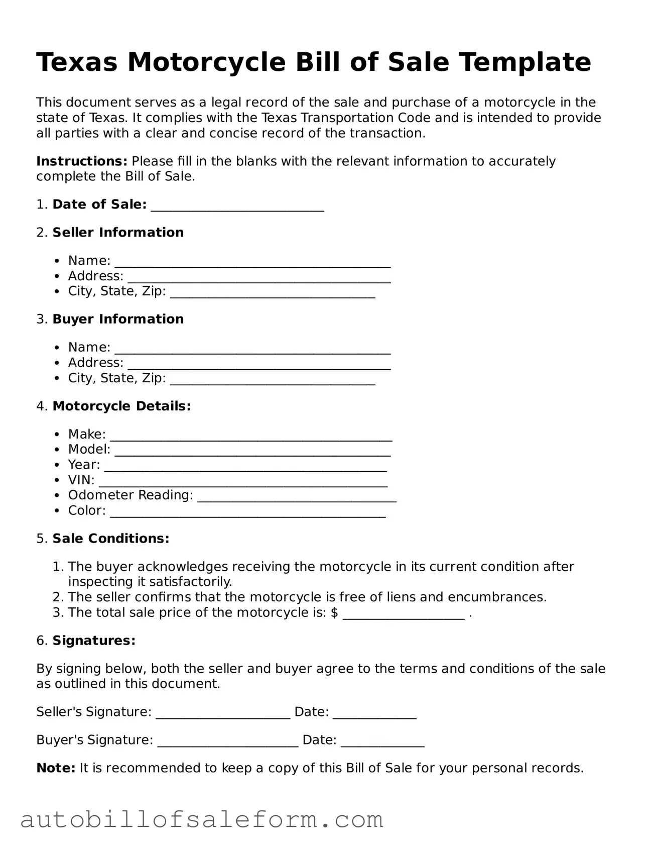 Free  Motorcycle Bill of Sale Template for Texas