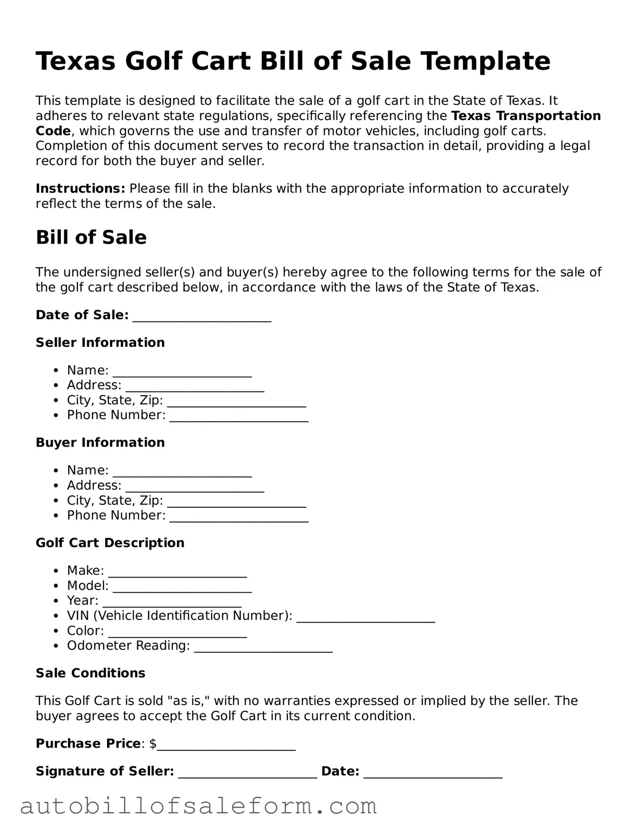 Free  Golf Cart Bill of Sale Template for Texas