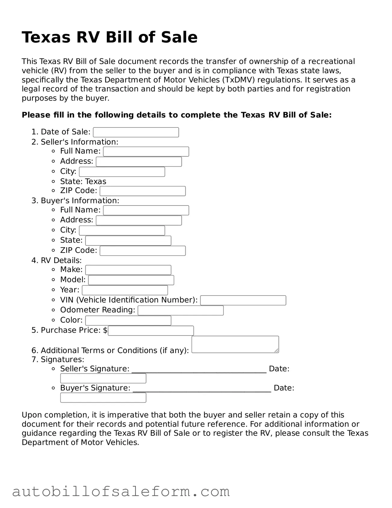 Free  RV Bill of Sale Template for Texas