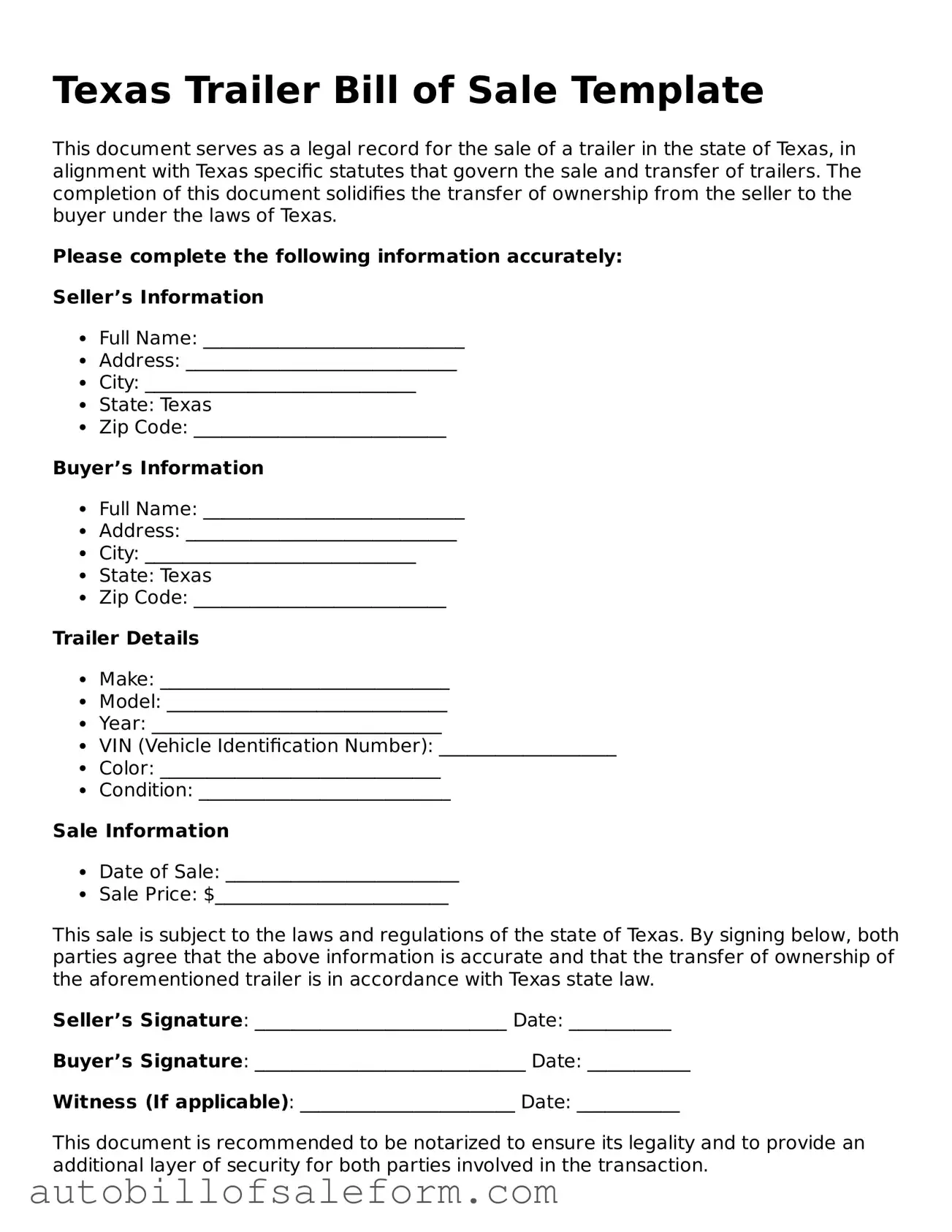 Free  Trailer Bill of Sale Template for Texas
