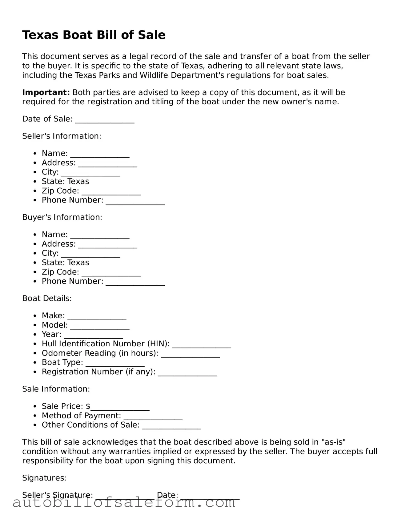 Free  Boat Bill of Sale Template for Texas