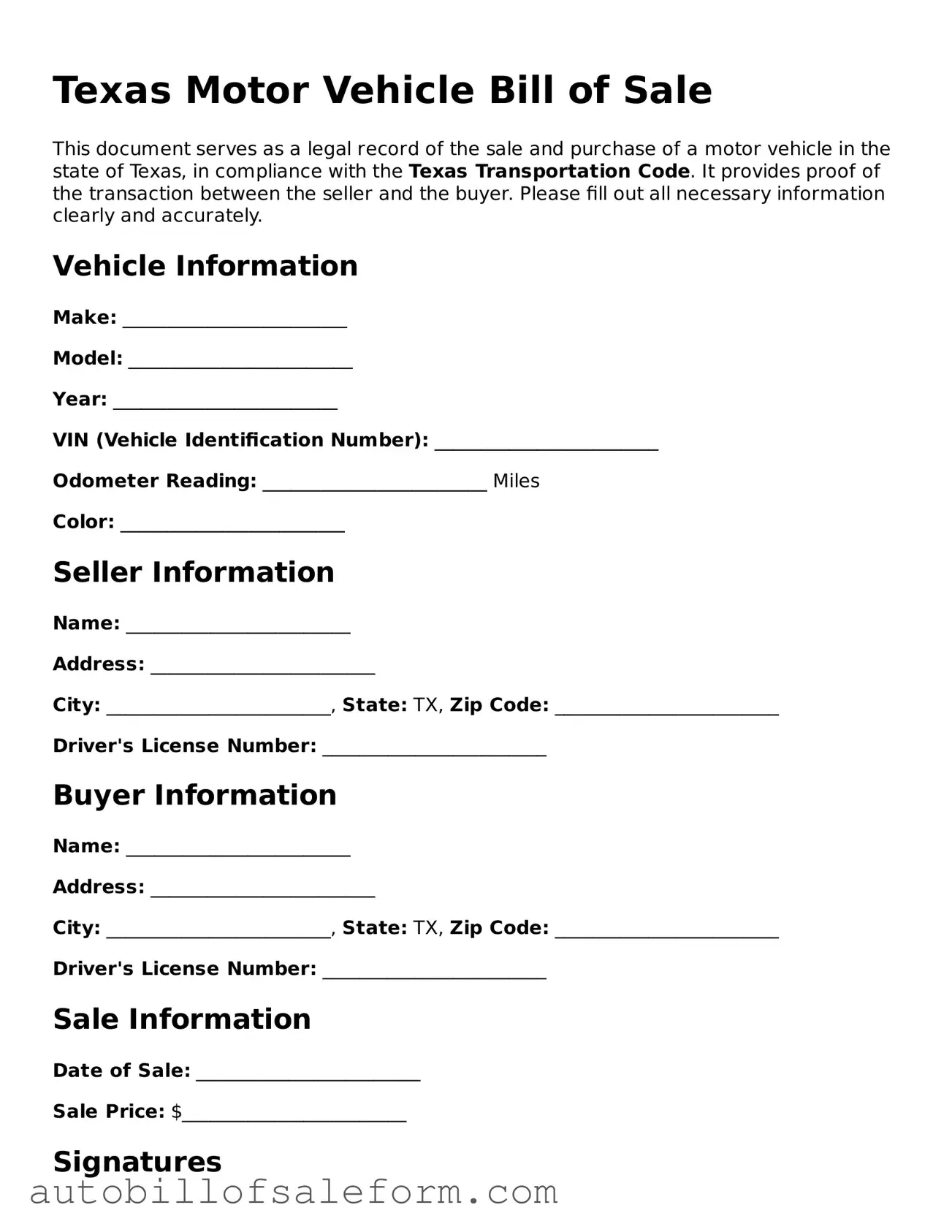 Free  Motor Vehicle Bill of Sale Template for Texas
