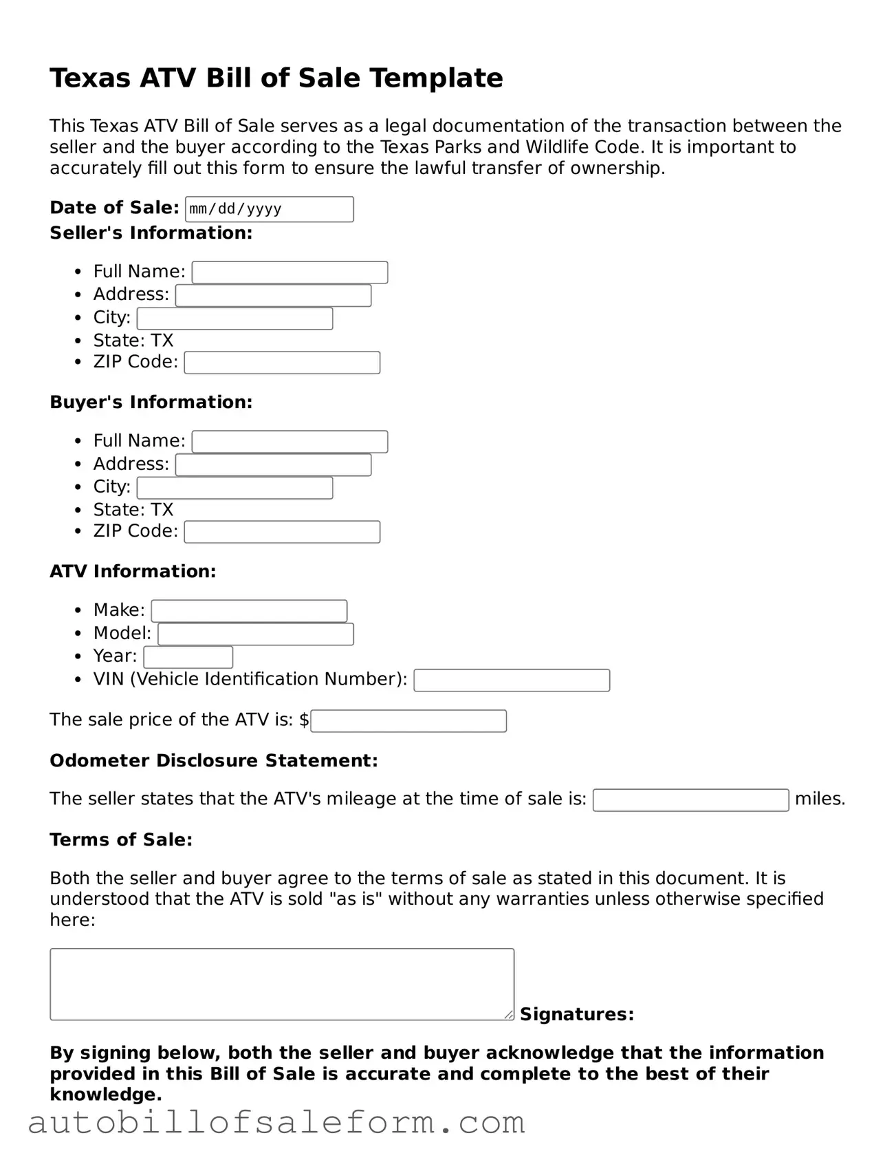 Free  ATV Bill of Sale Template for Texas