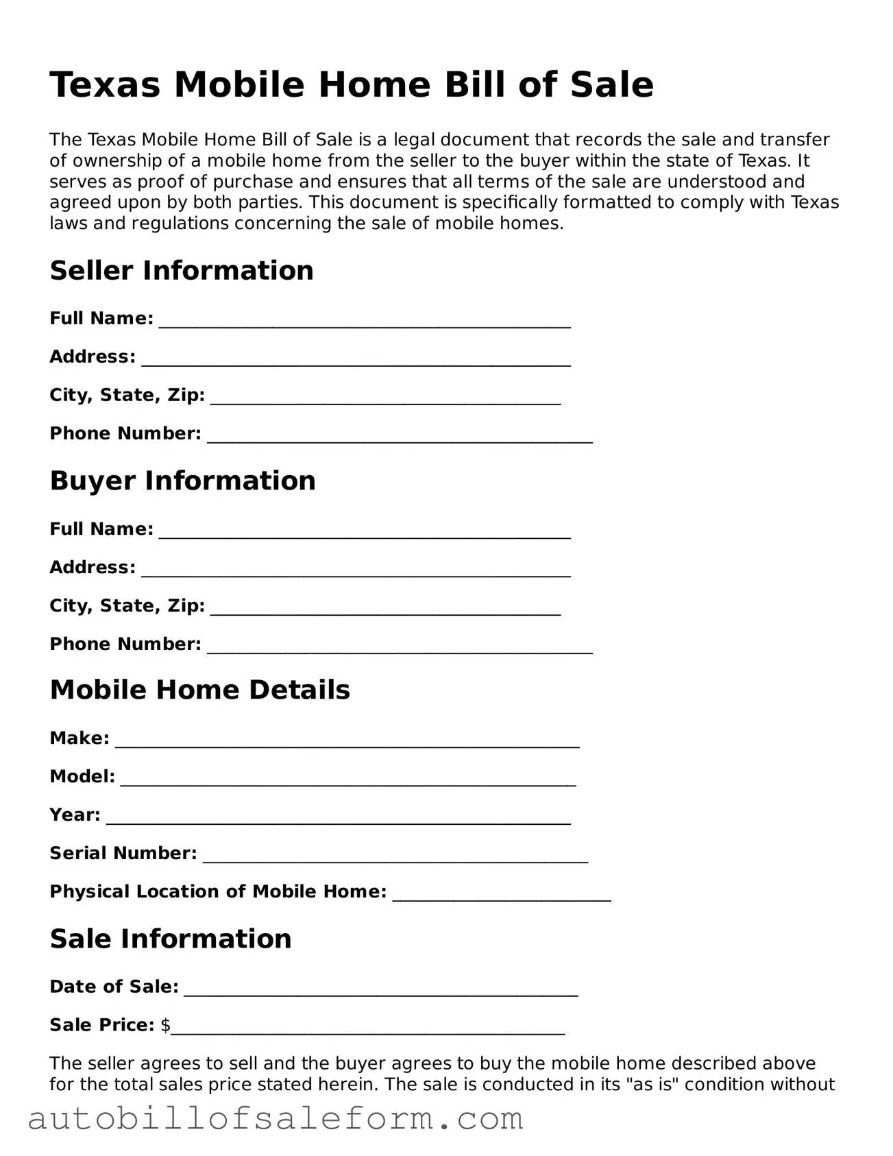 Free  Mobile Home Bill of Sale Template for Texas