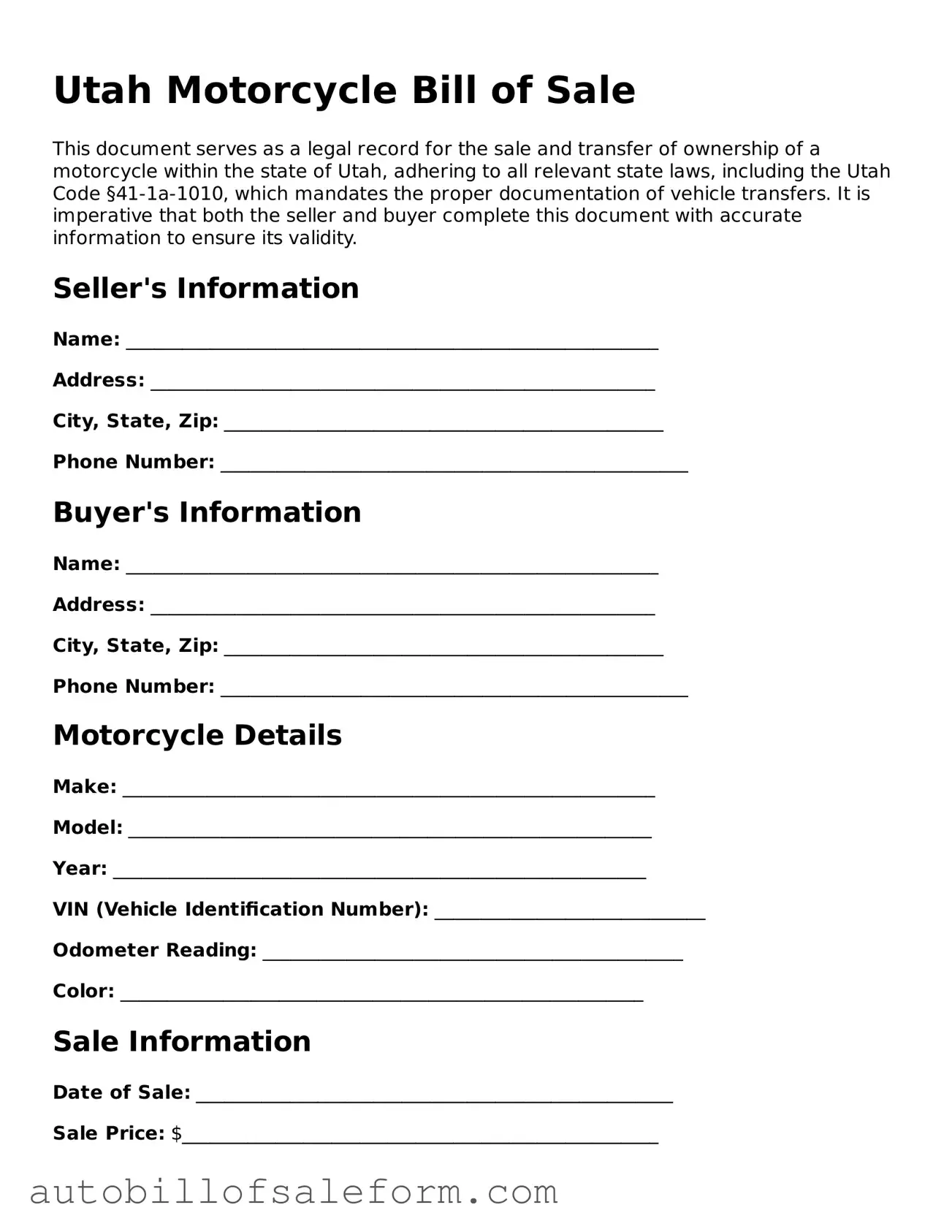 Free  Motorcycle Bill of Sale Template for Utah
