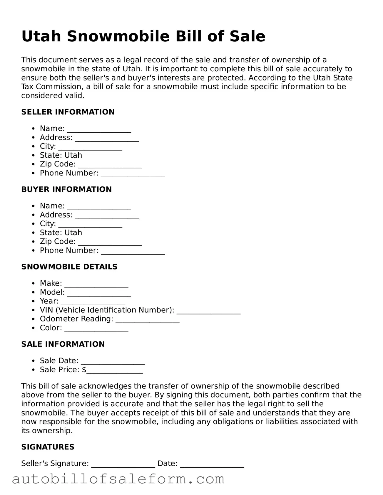 Free  Snowmobile Bill of Sale Template for Utah