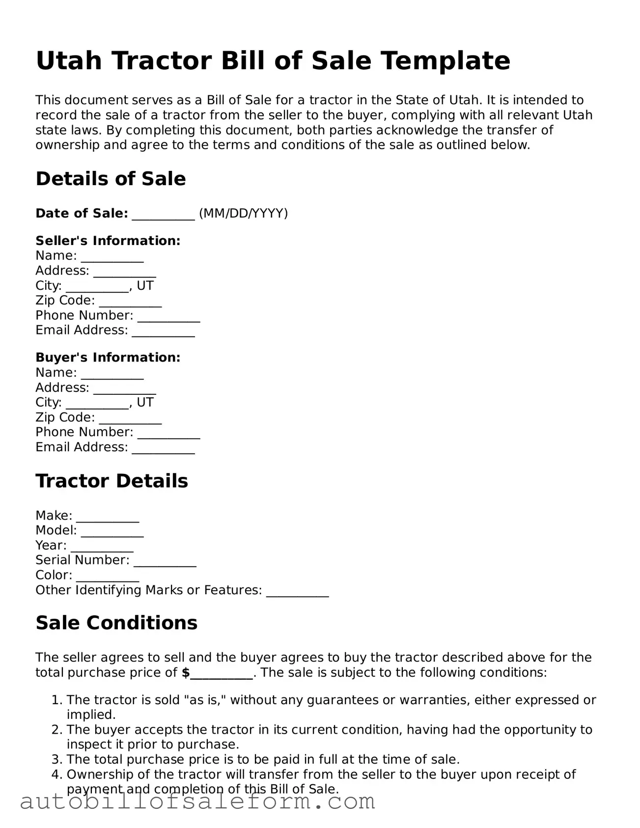 Free  Tractor Bill of Sale Template for Utah