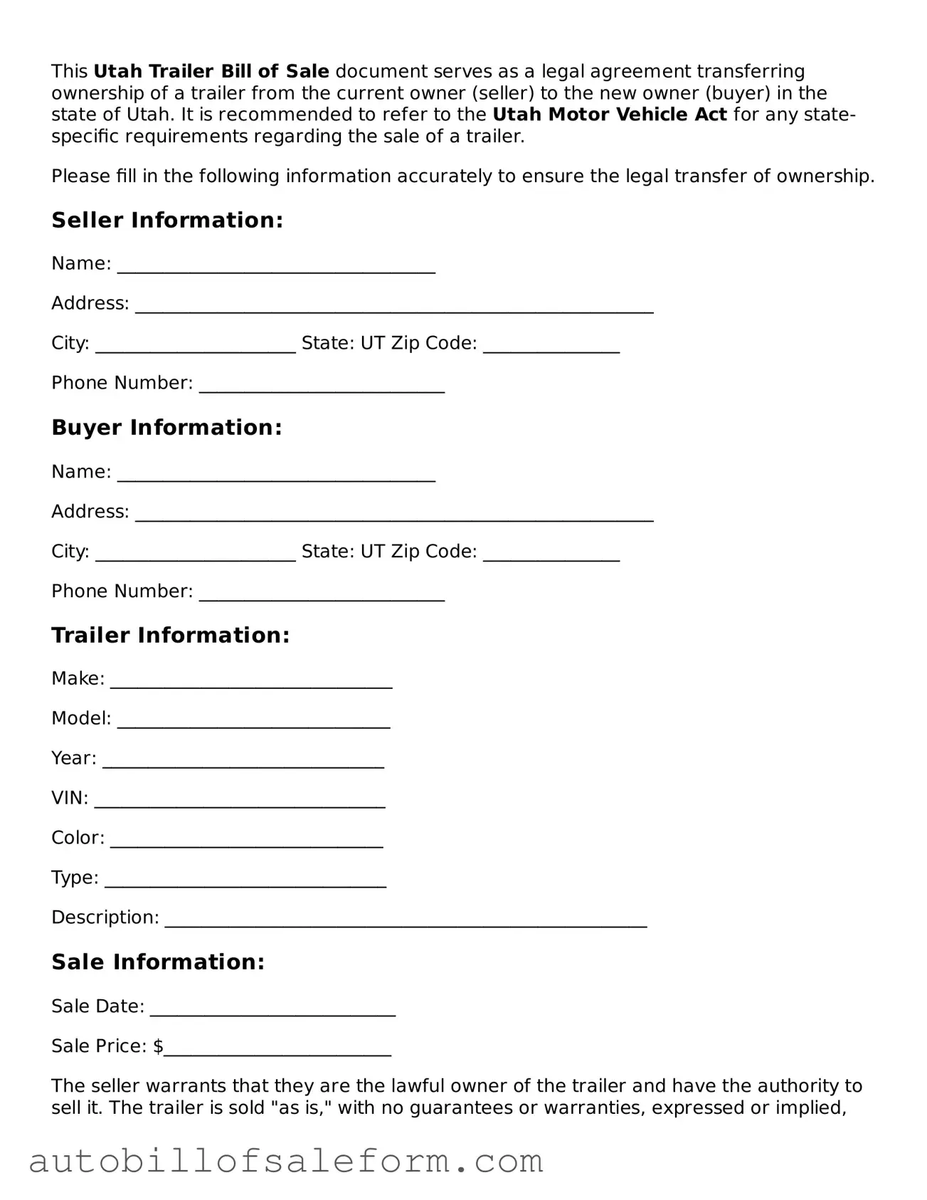 Free  Trailer Bill of Sale Template for Utah