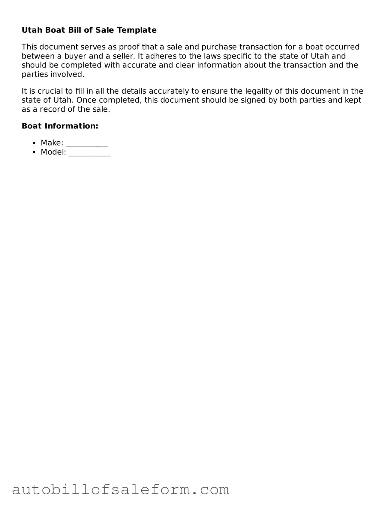 Free  Boat Bill of Sale Template for Utah