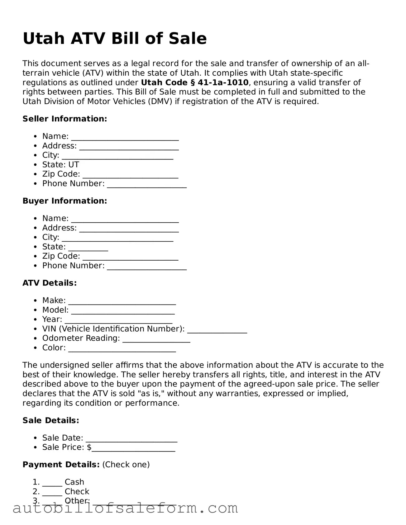 Free  ATV Bill of Sale Template for Utah