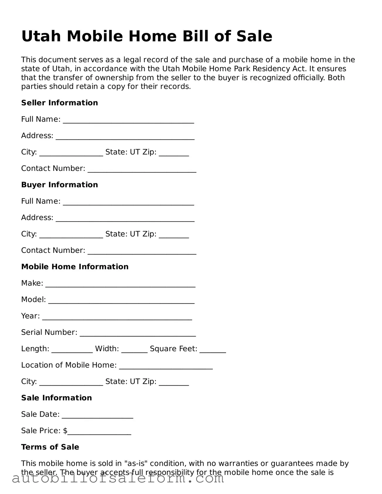 Free  Mobile Home Bill of Sale Template for Utah