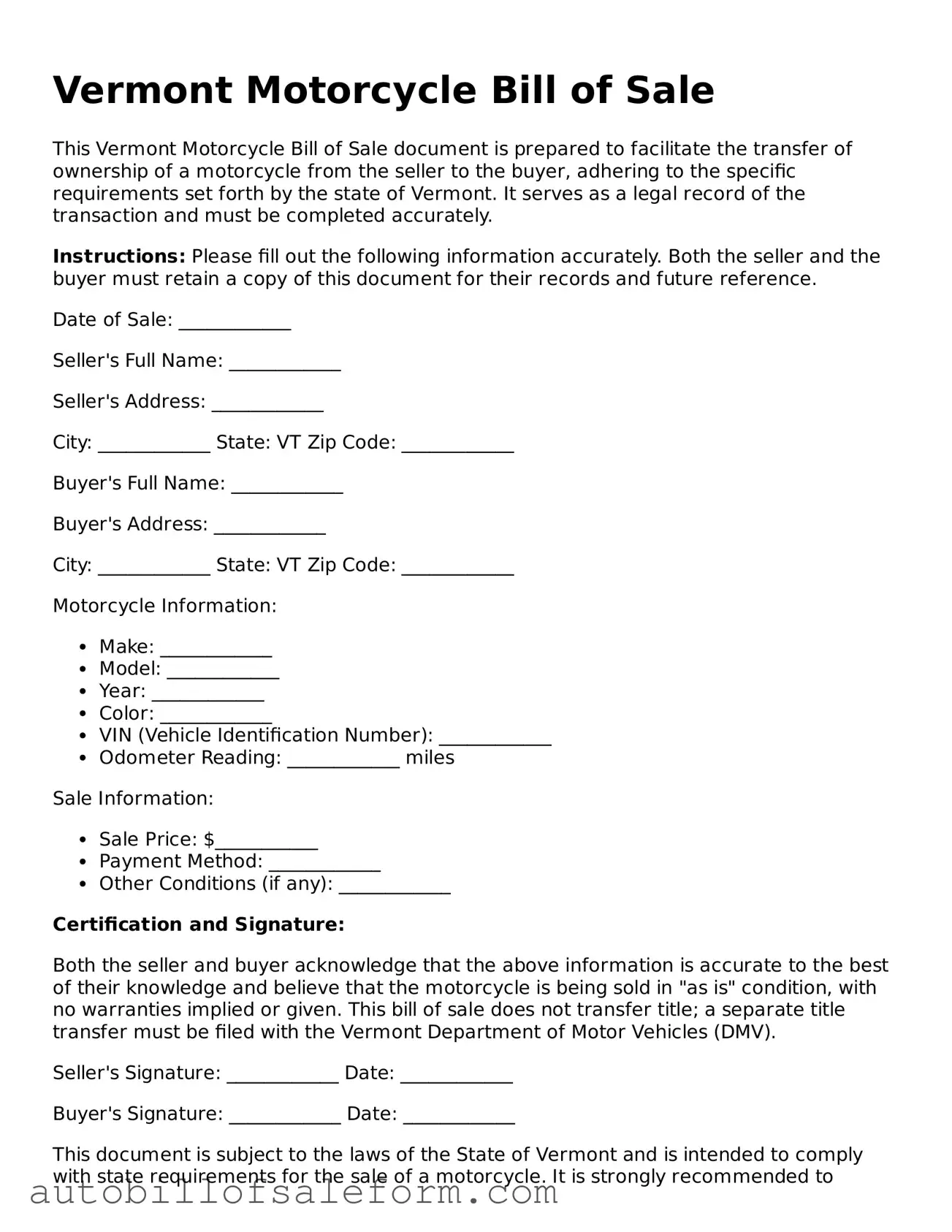 Free  Motorcycle Bill of Sale Template for Vermont