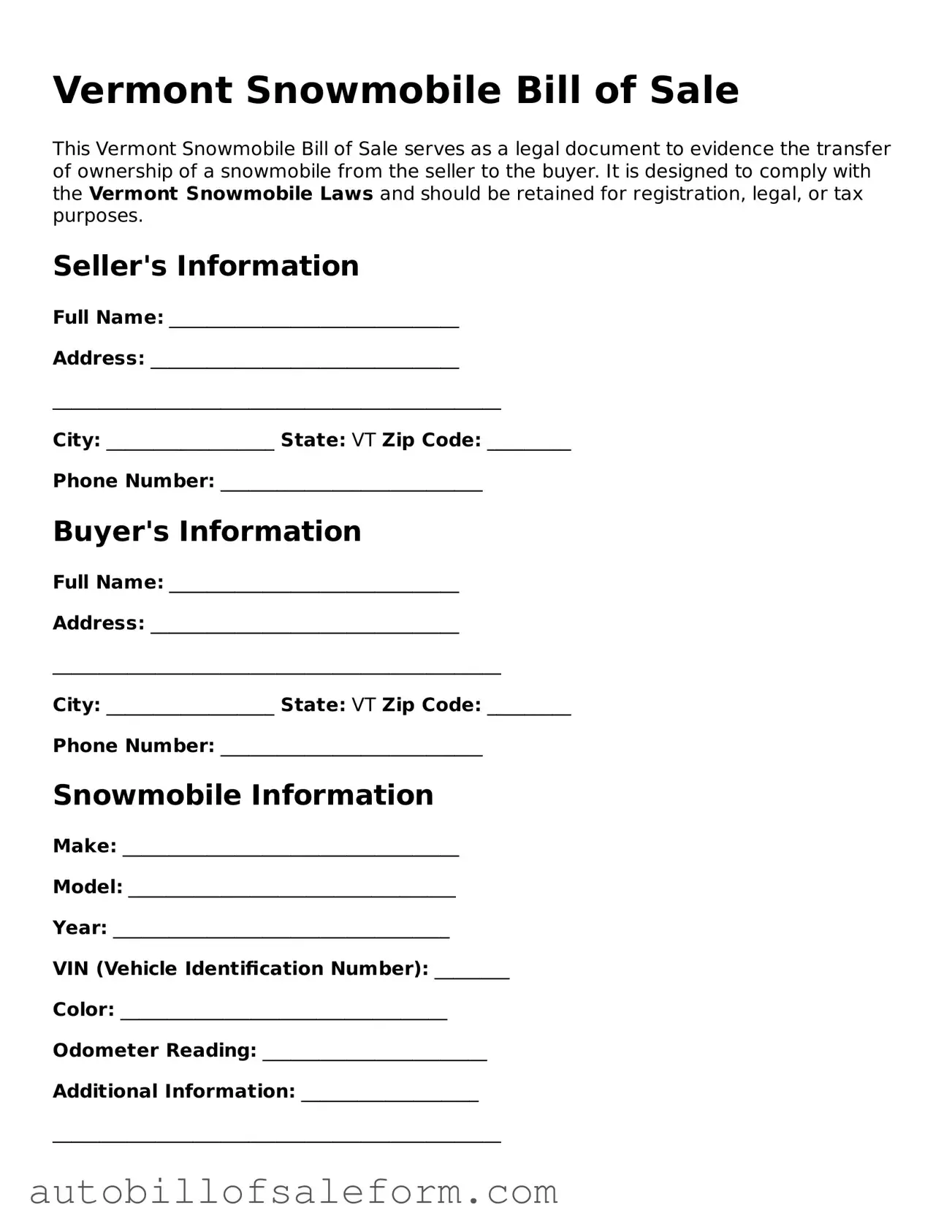 Free  Snowmobile Bill of Sale Template for Vermont