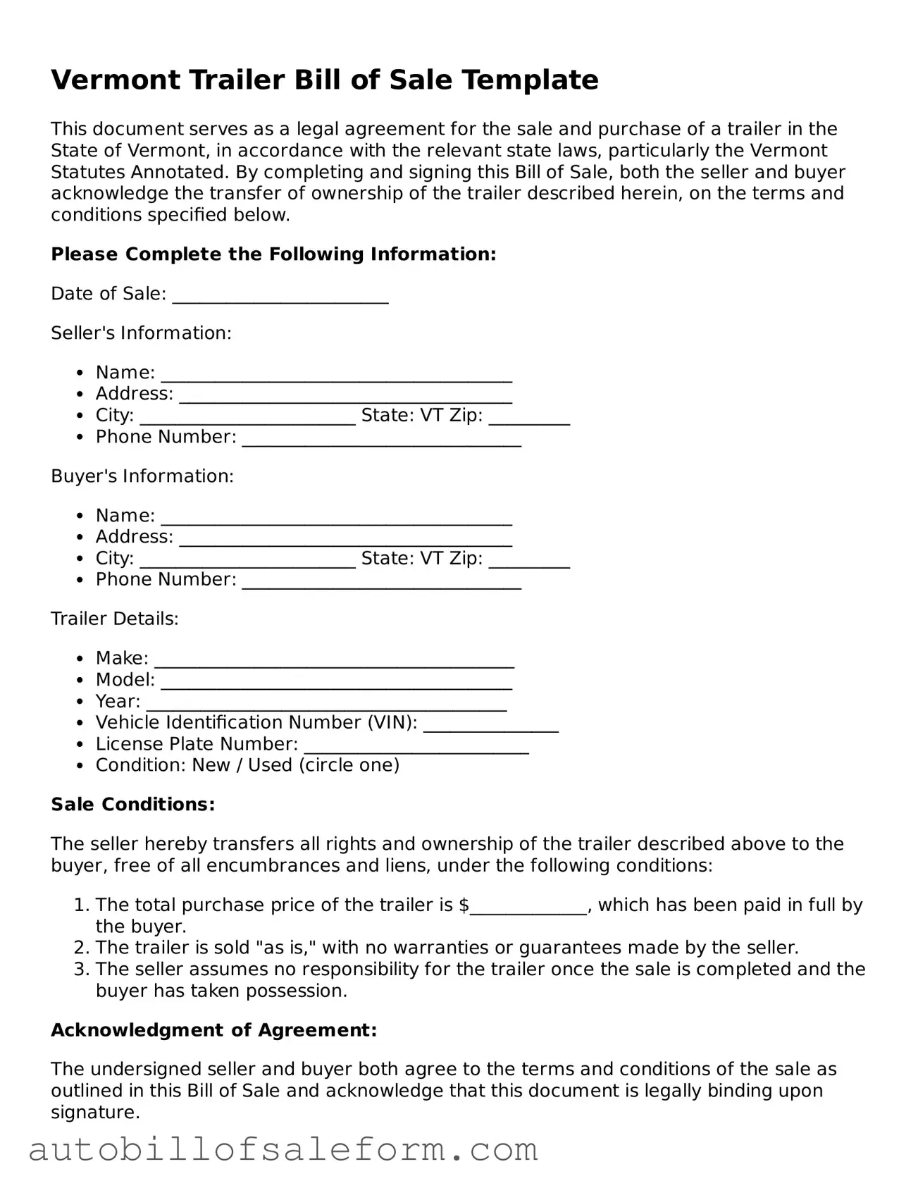 Free  Trailer Bill of Sale Template for Vermont