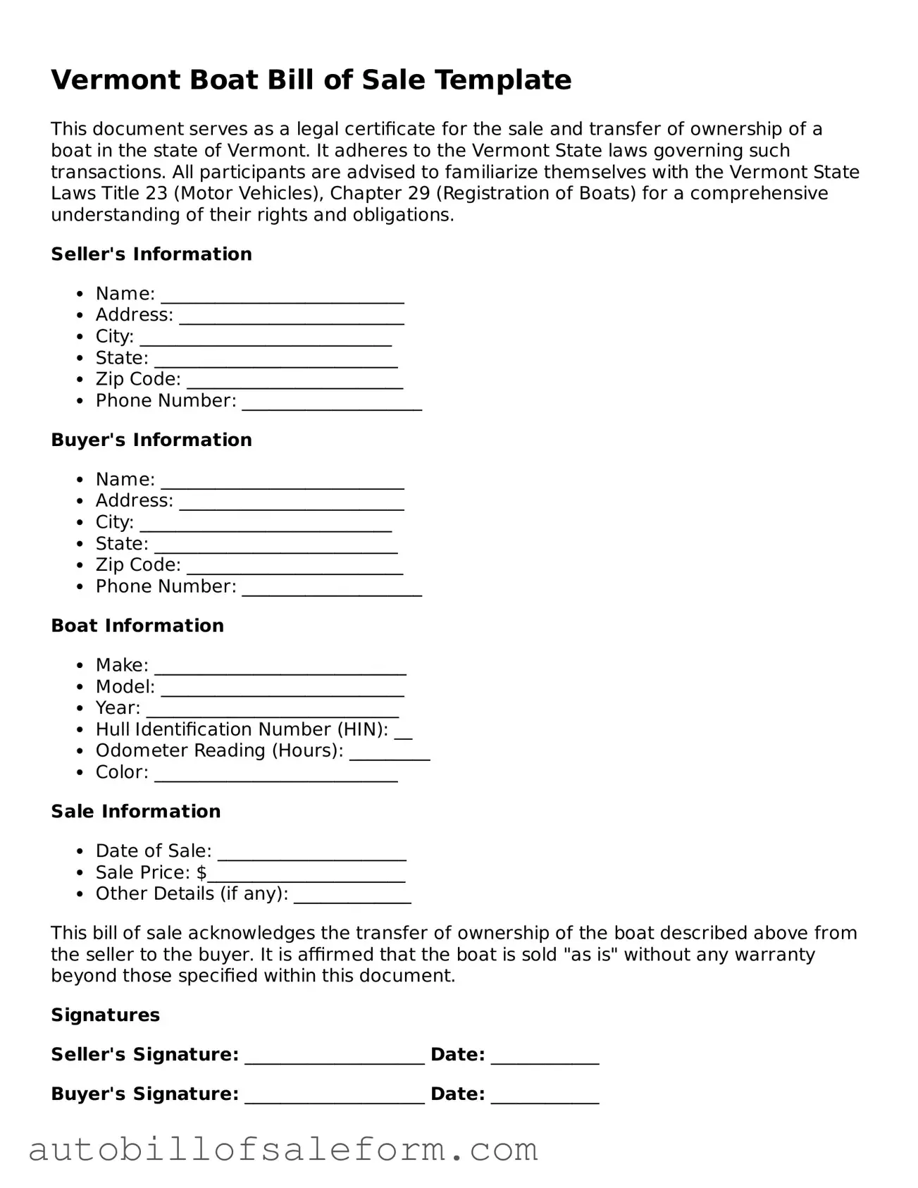 Free  Boat Bill of Sale Template for Vermont