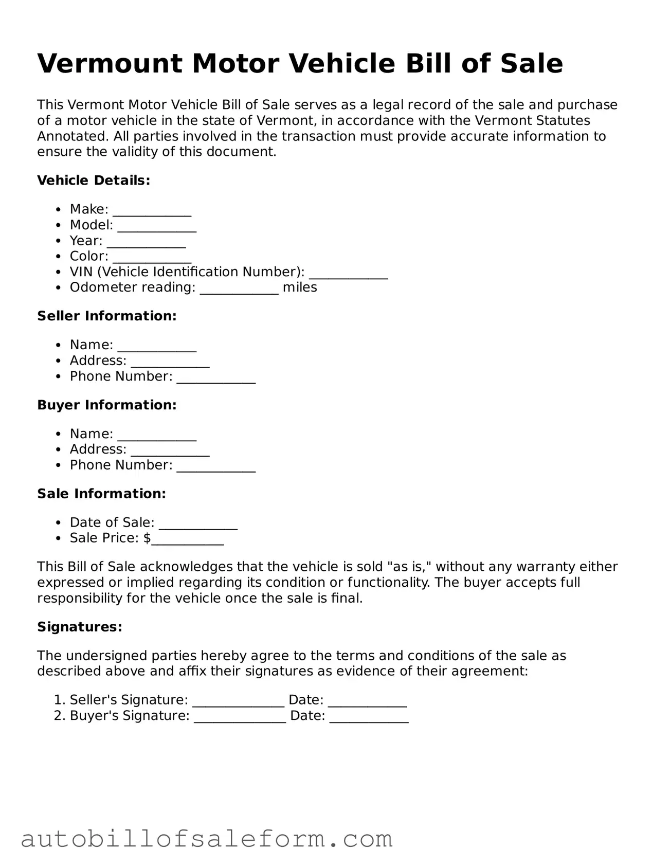 Free  Motor Vehicle Bill of Sale Template for Vermont