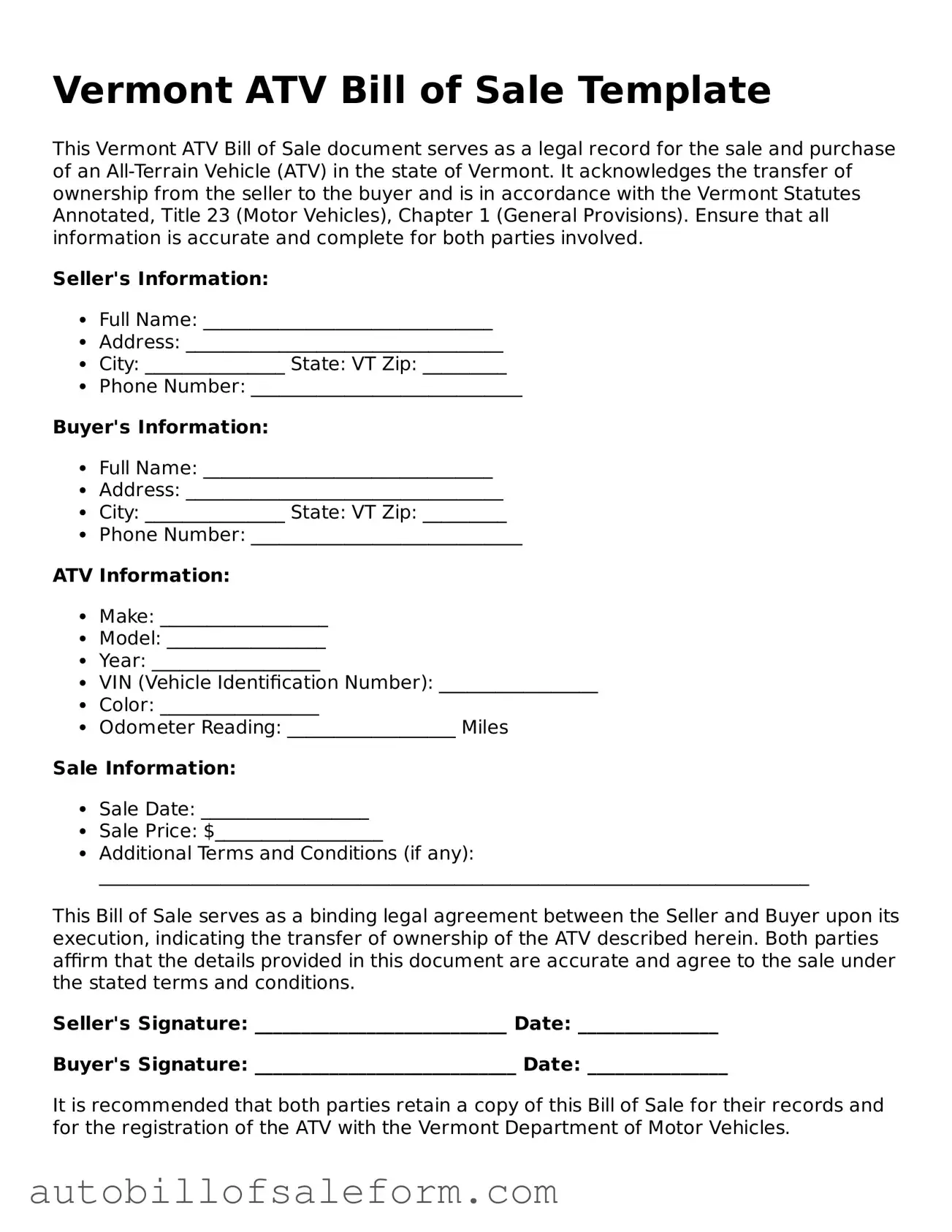 Free  ATV Bill of Sale Template for Vermont