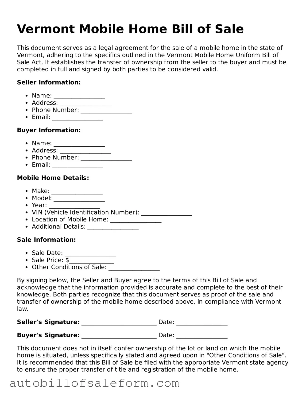 Free  Mobile Home Bill of Sale Template for Vermont