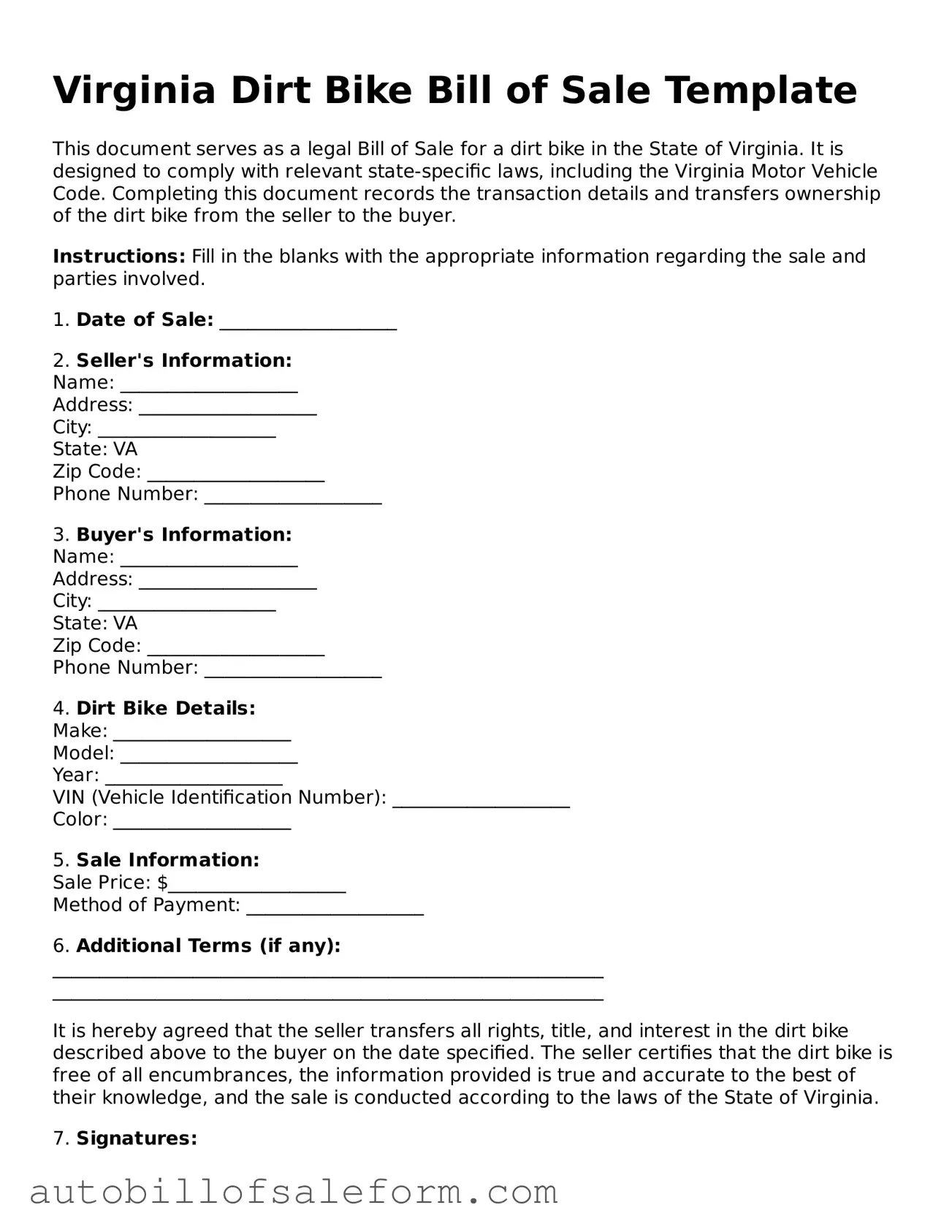 Free  Dirt Bike Bill of Sale Template for Virginia