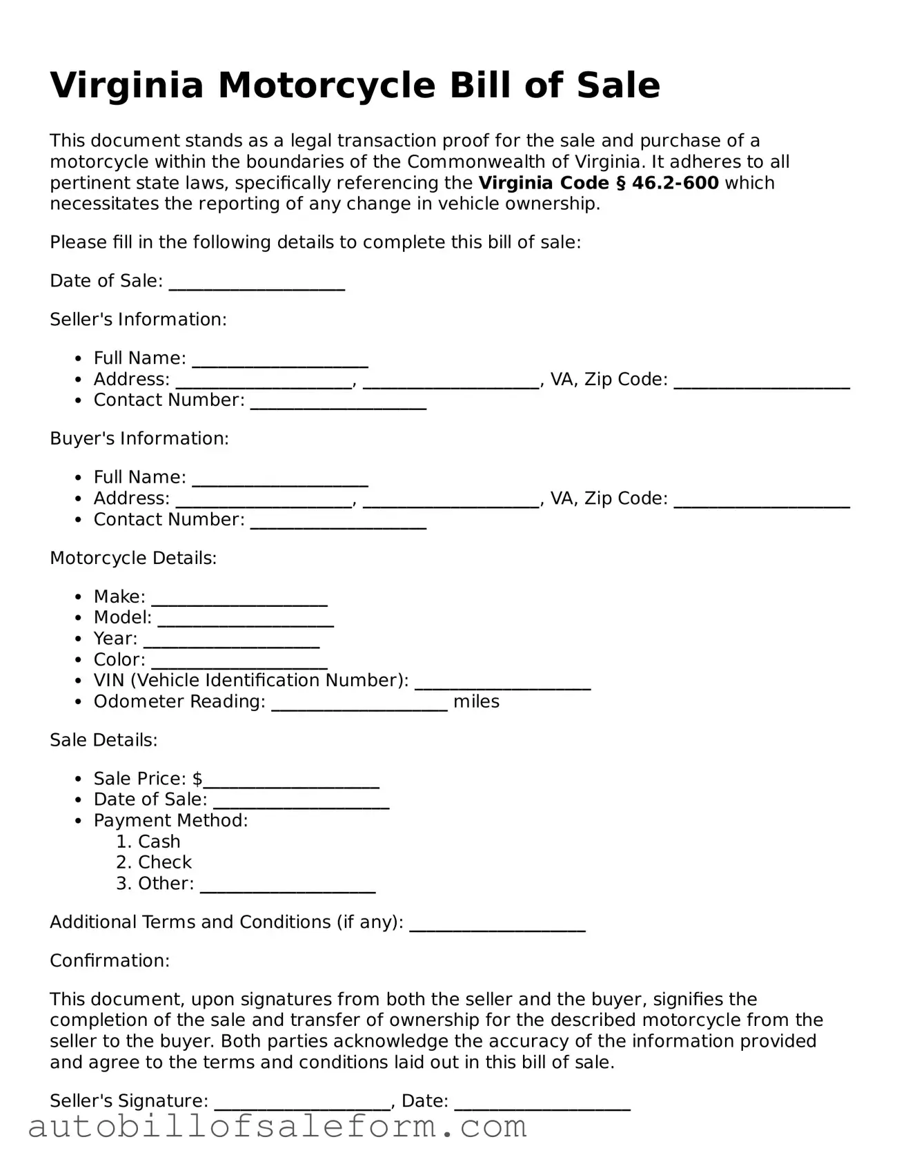 Free  Motorcycle Bill of Sale Template for Virginia