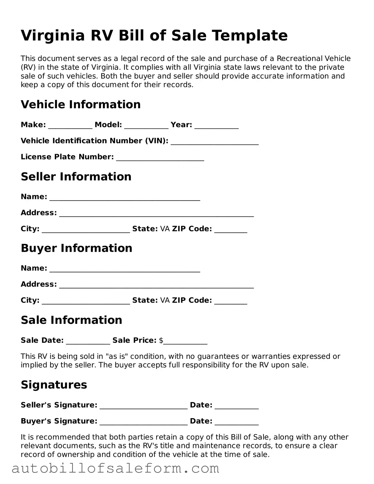 Free  RV Bill of Sale Template for Virginia