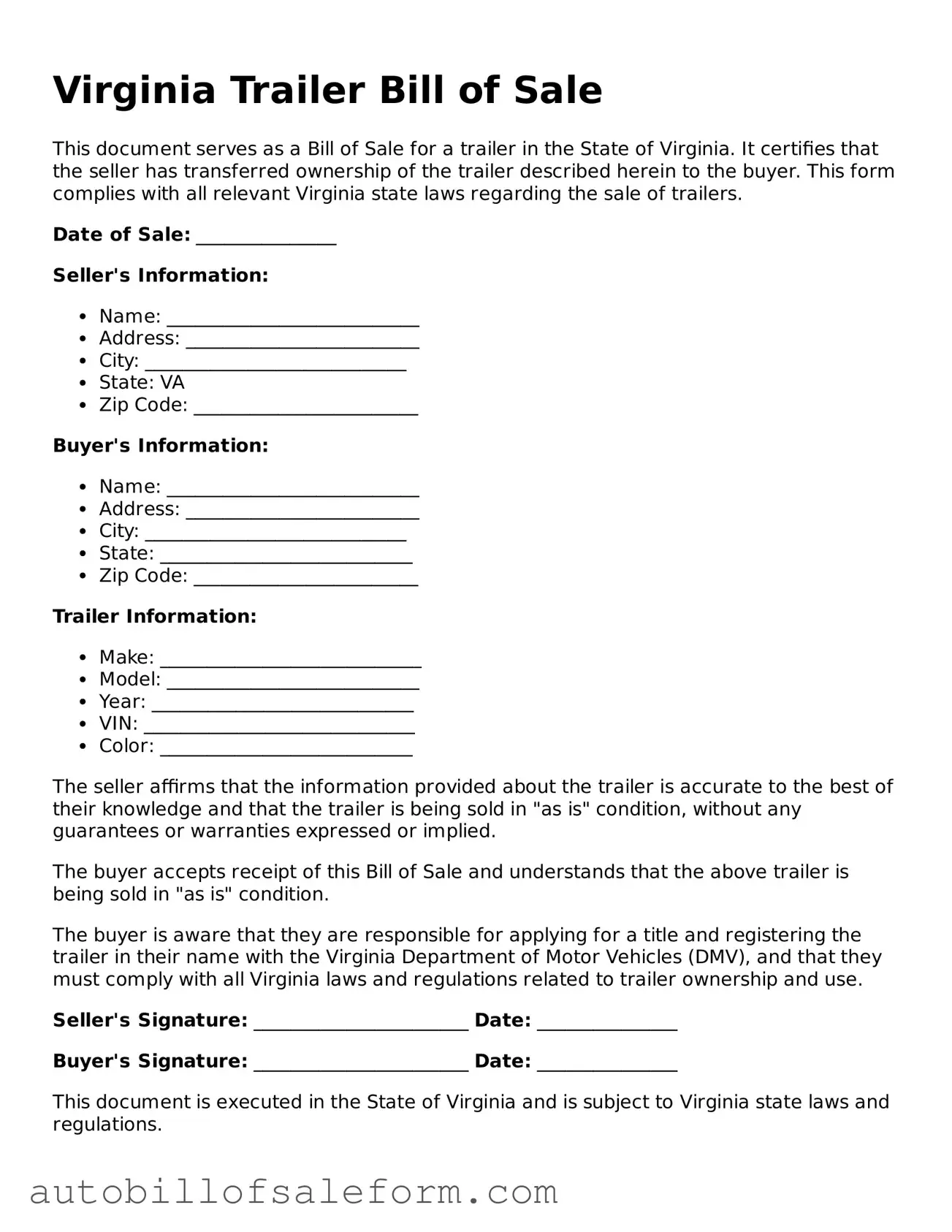 Free  Trailer Bill of Sale Template for Virginia