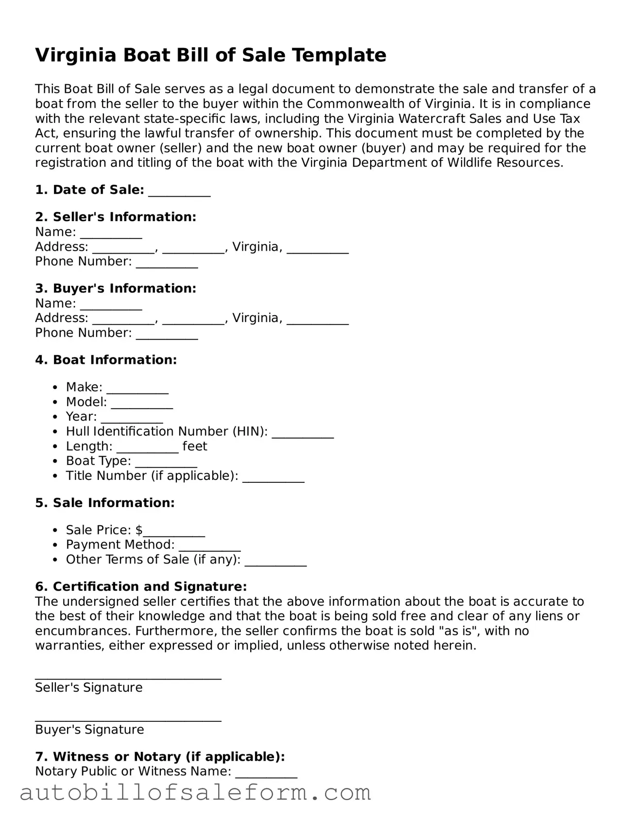 Free  Boat Bill of Sale Template for Virginia