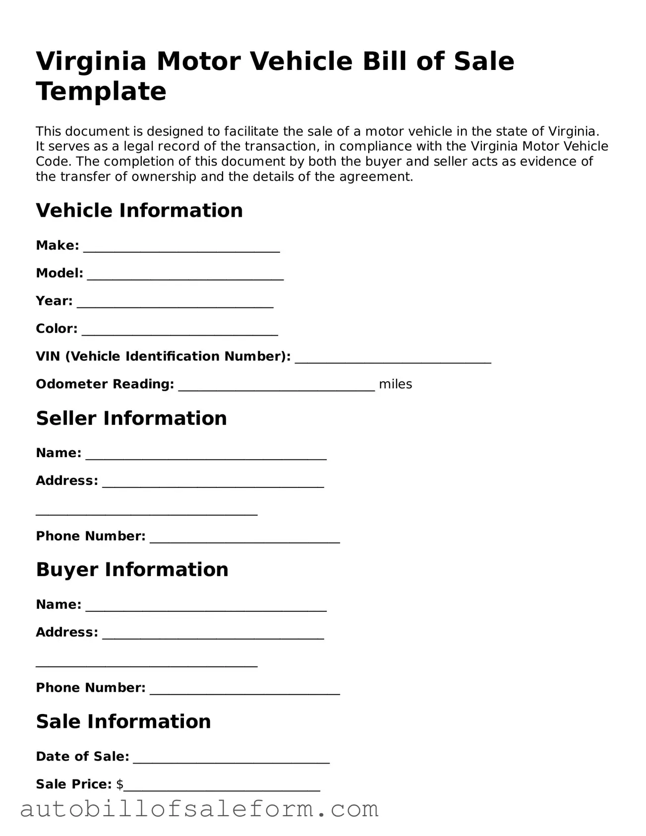 Free  Motor Vehicle Bill of Sale Template for Virginia