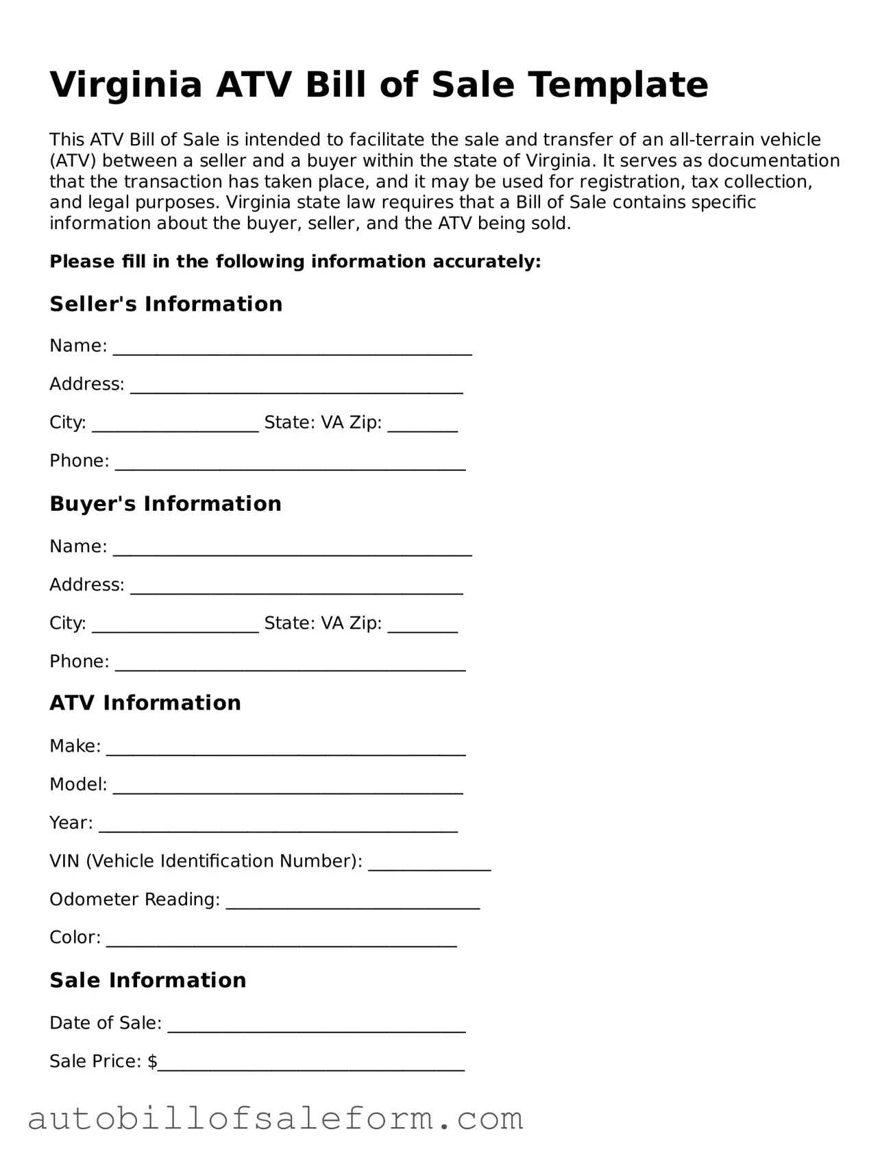 Free  ATV Bill of Sale Template for Virginia