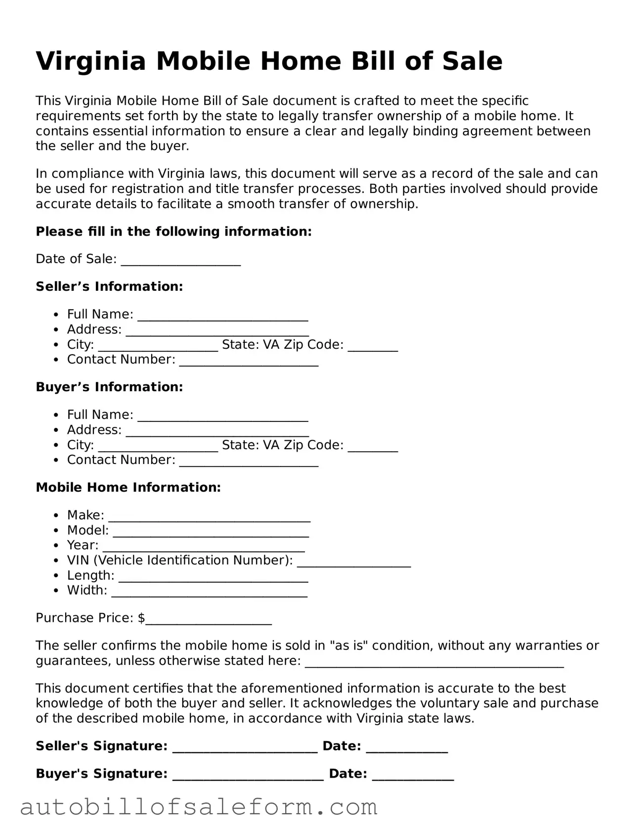 Free  Mobile Home Bill of Sale Template for Virginia