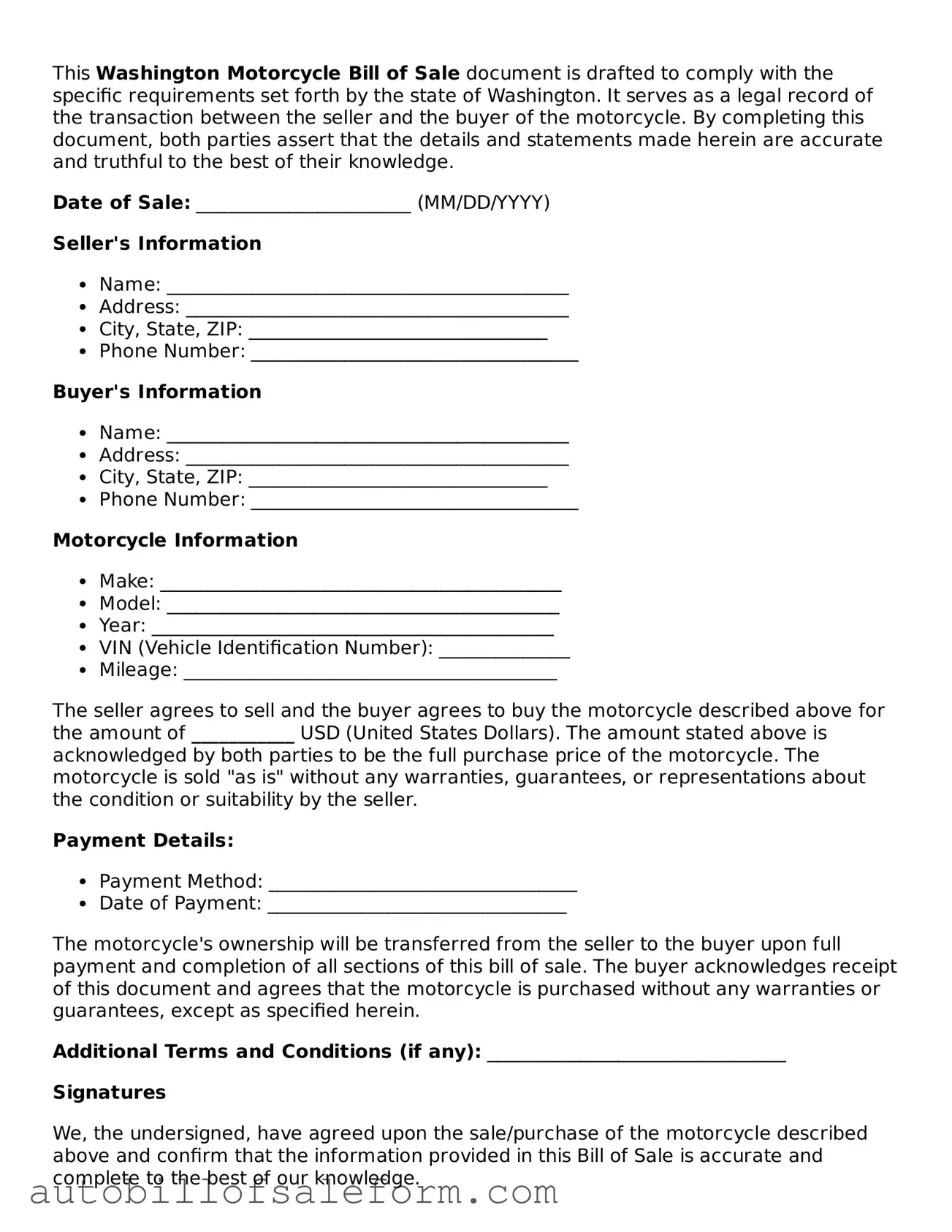 Free  Motorcycle Bill of Sale Template for Washington