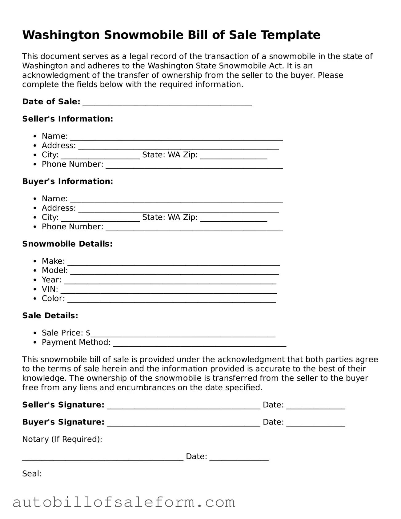 Free  Snowmobile Bill of Sale Template for Washington