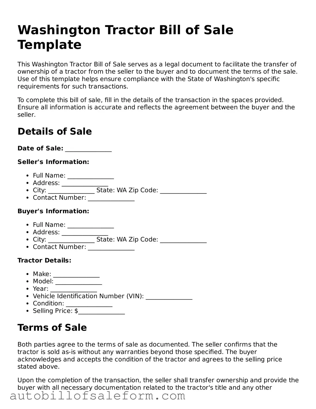 Free  Tractor Bill of Sale Template for Washington