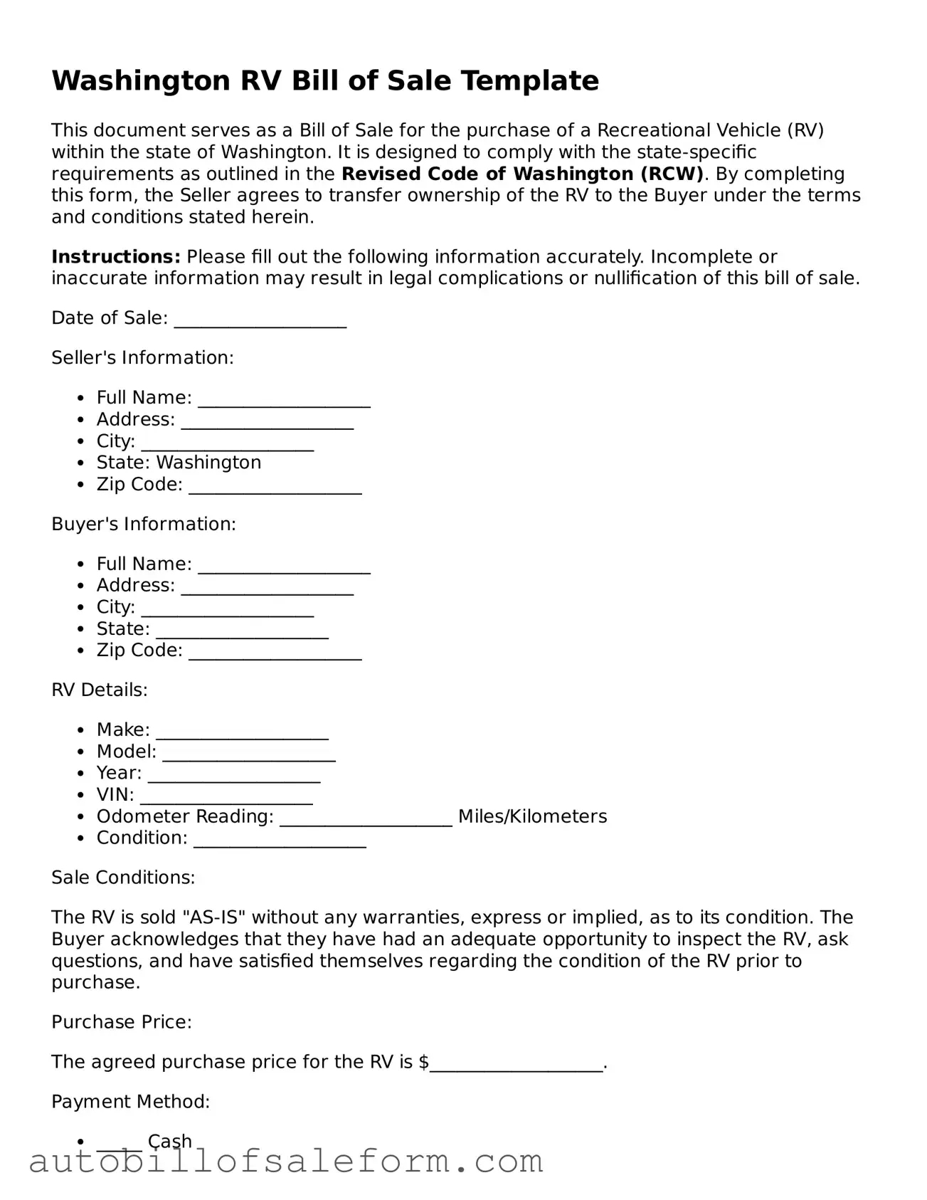Free  RV Bill of Sale Template for Washington