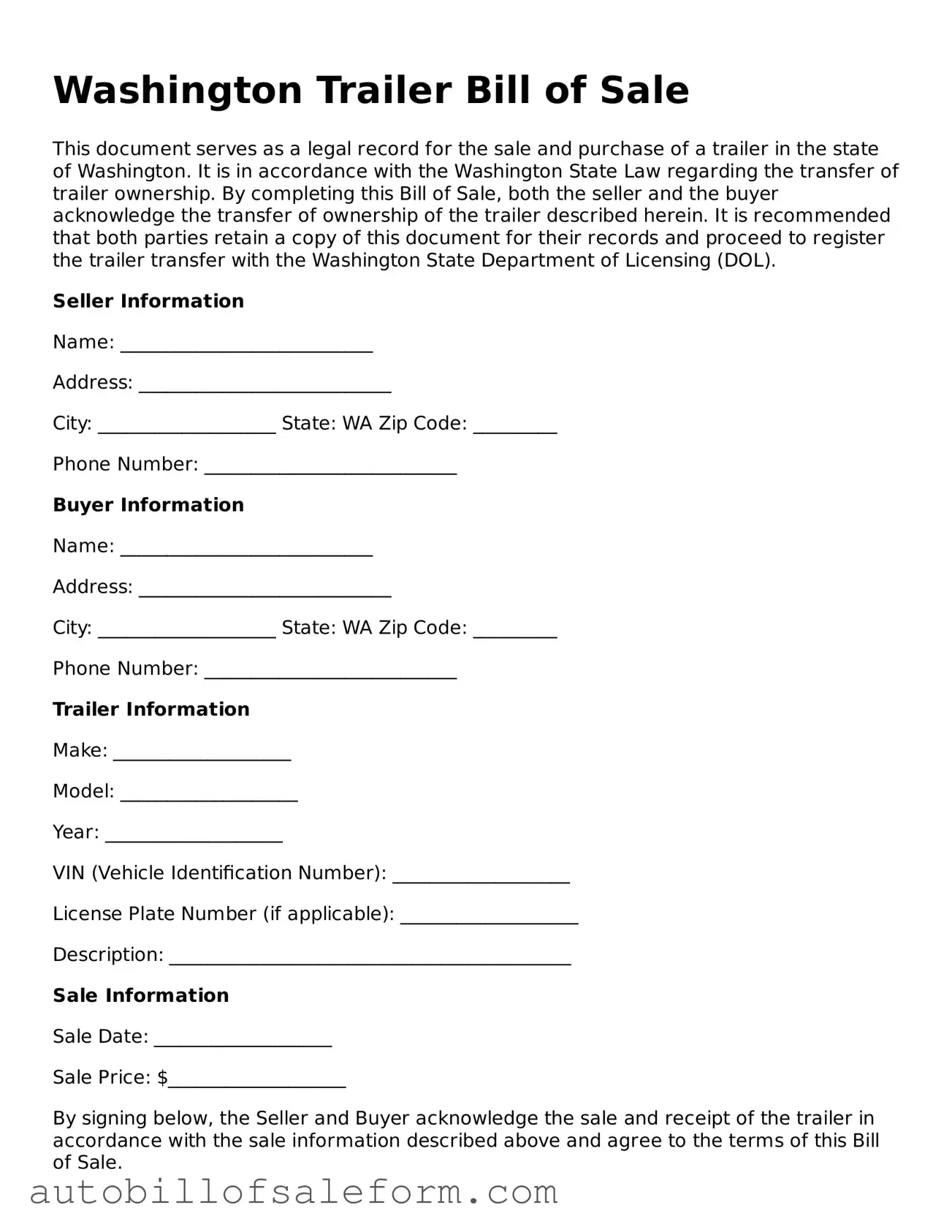 Free  Trailer Bill of Sale Template for Washington