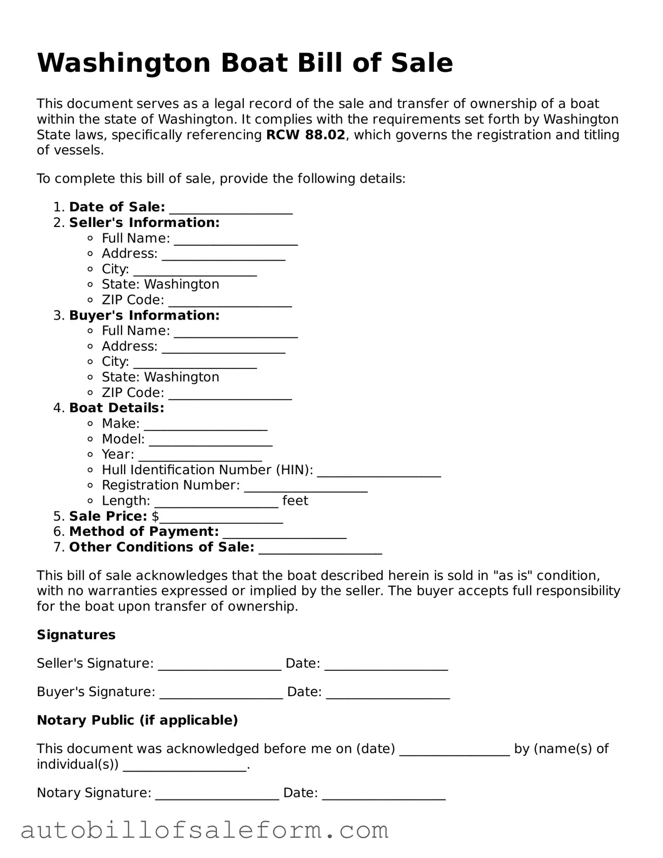 Free  Boat Bill of Sale Template for Washington