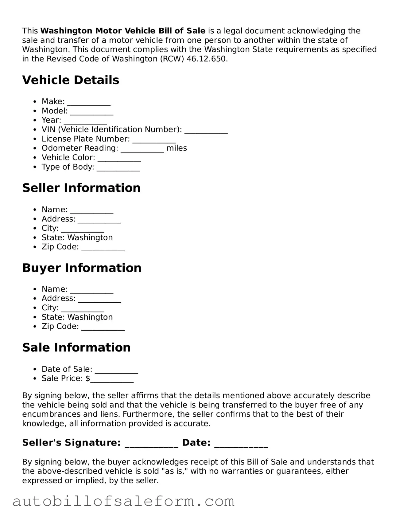 Free  Motor Vehicle Bill of Sale Template for Washington