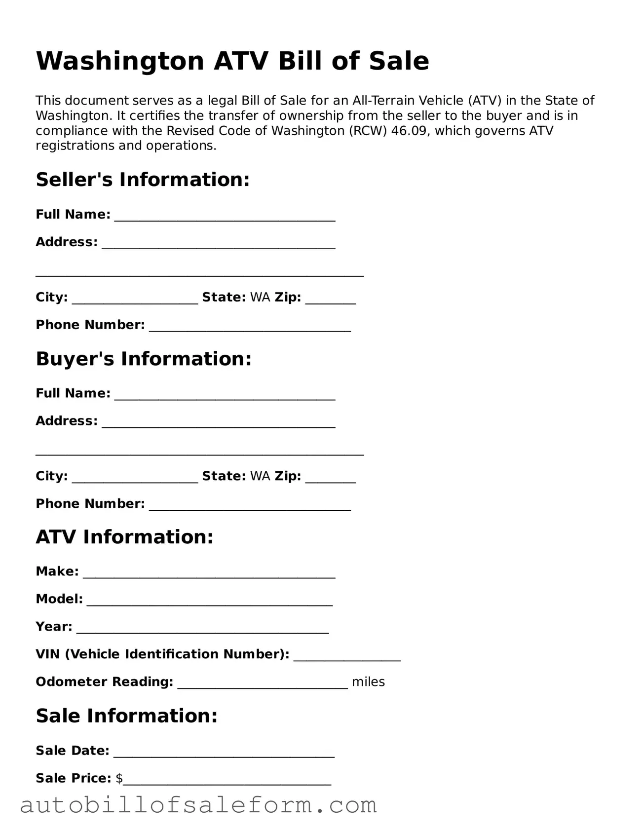 Free  ATV Bill of Sale Template for Washington