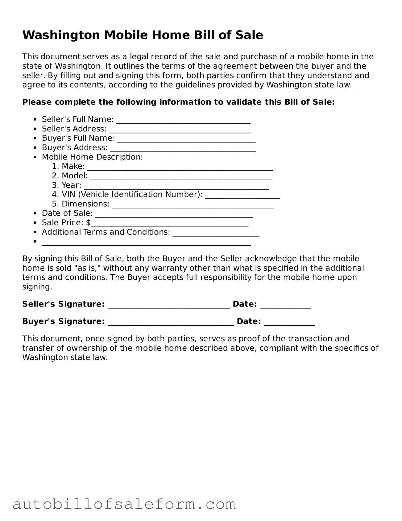 Free  Mobile Home Bill of Sale Template for Washington