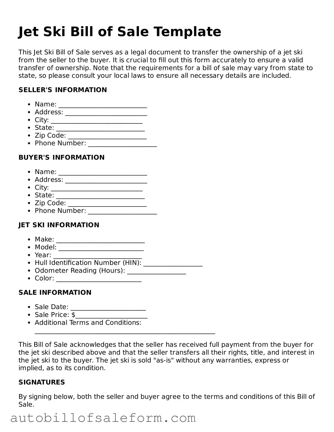 Legal Jet Ski Bill of Sale Form