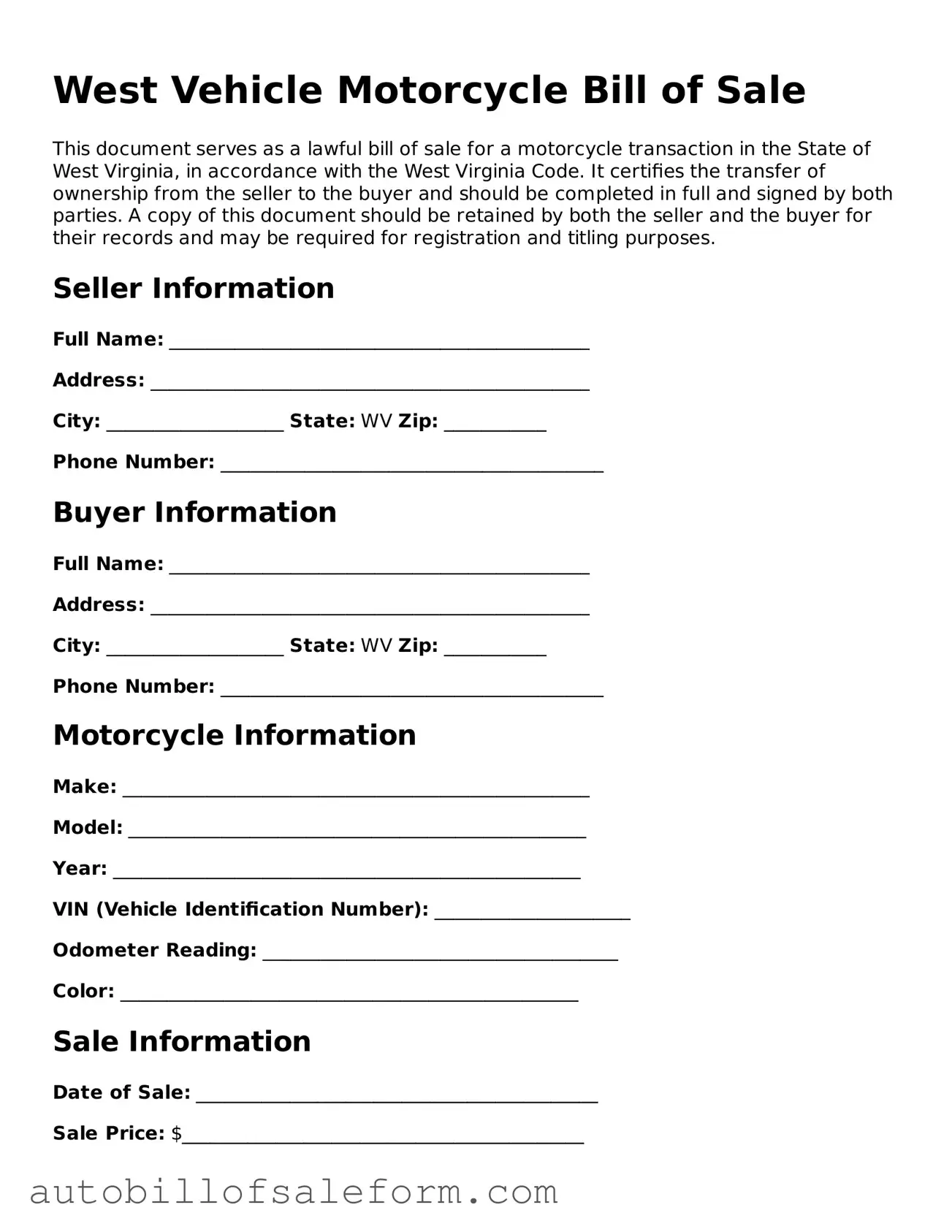 Free  Motorcycle Bill of Sale Template for West Virginia