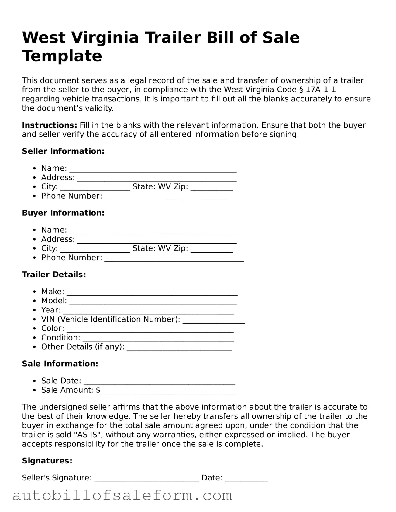 Free  Trailer Bill of Sale Template for West Virginia