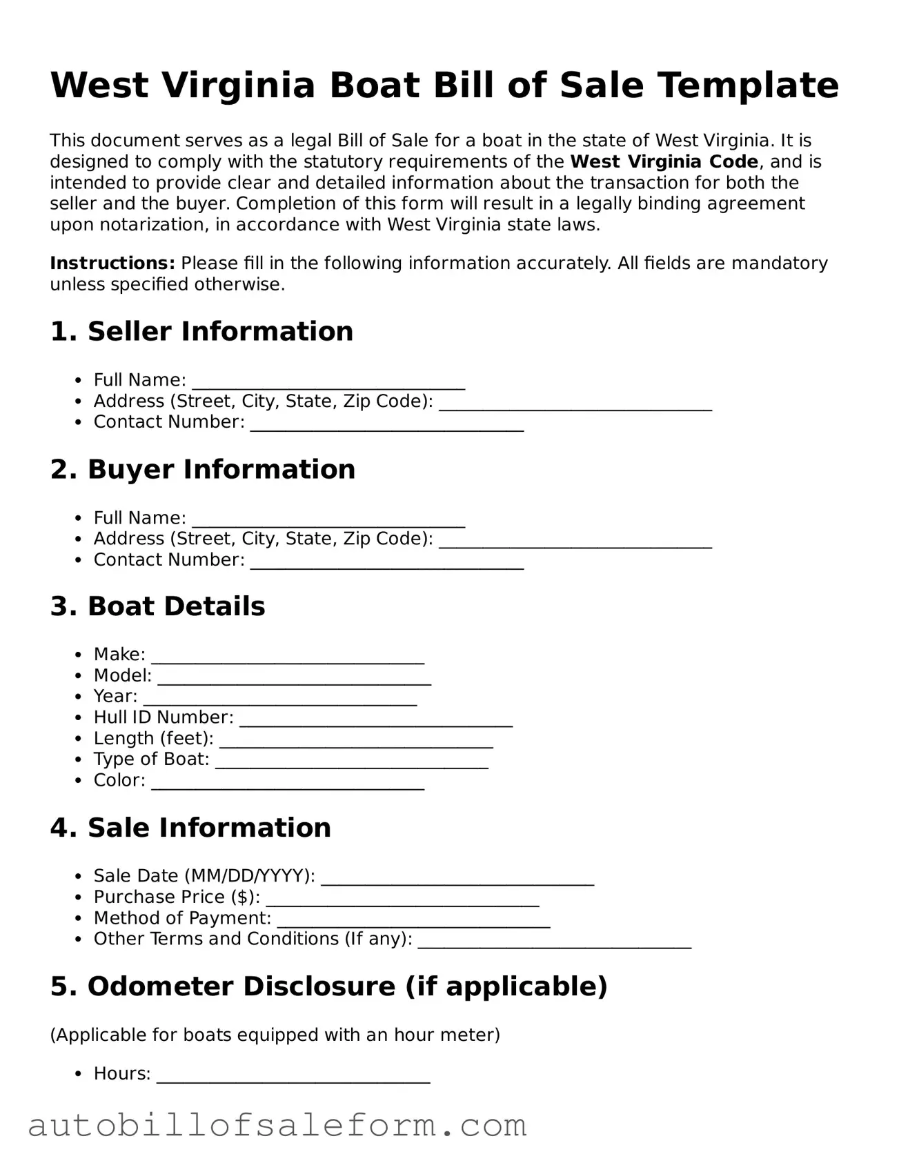 Free  Boat Bill of Sale Template for West Virginia