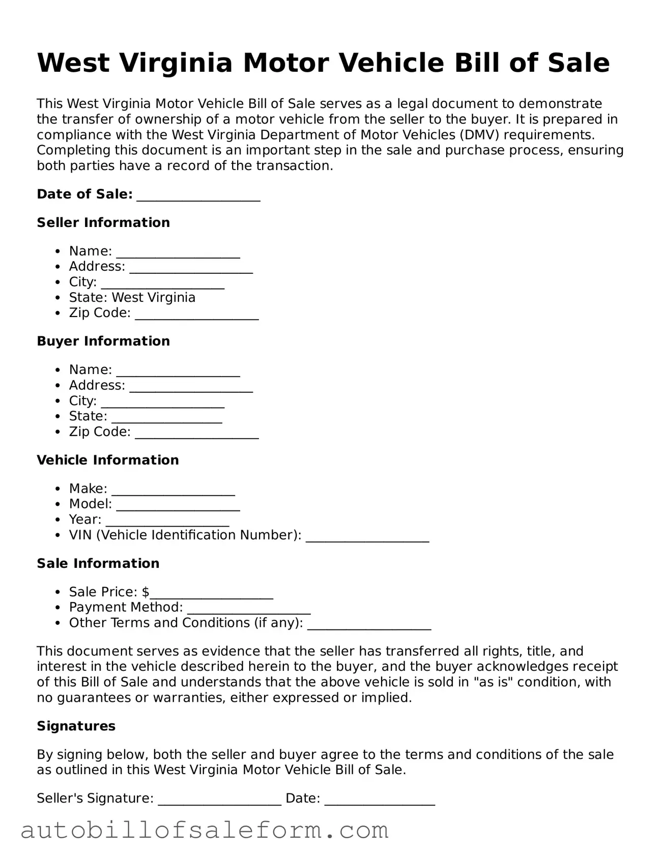 Free  Motor Vehicle Bill of Sale Template for West Virginia