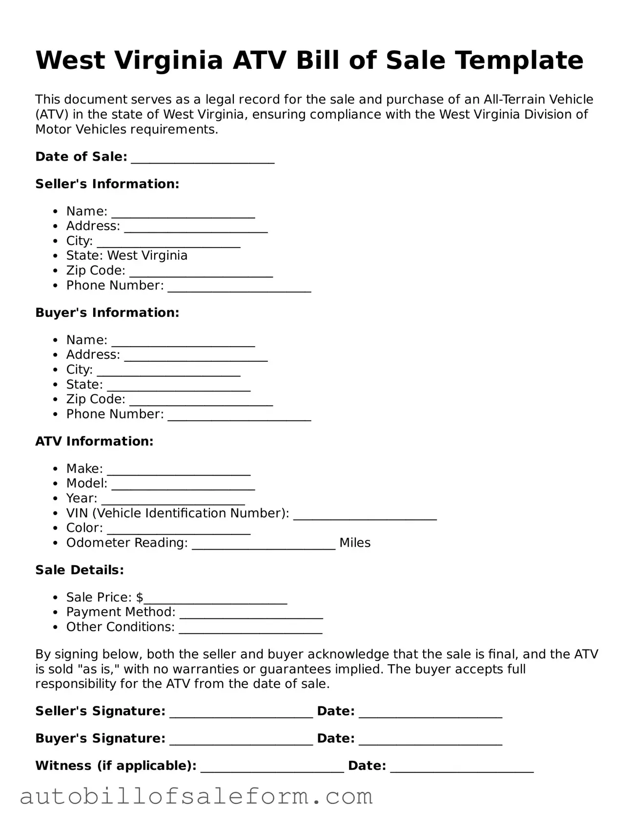 Free  ATV Bill of Sale Template for West Virginia