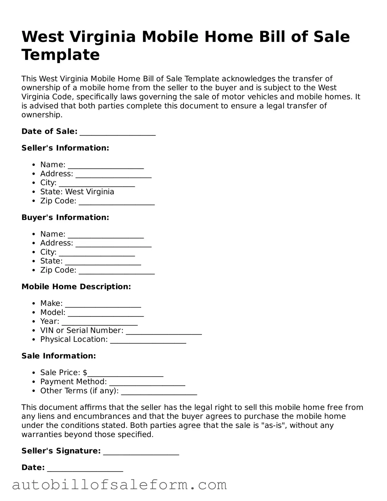 Free  Mobile Home Bill of Sale Template for West Virginia