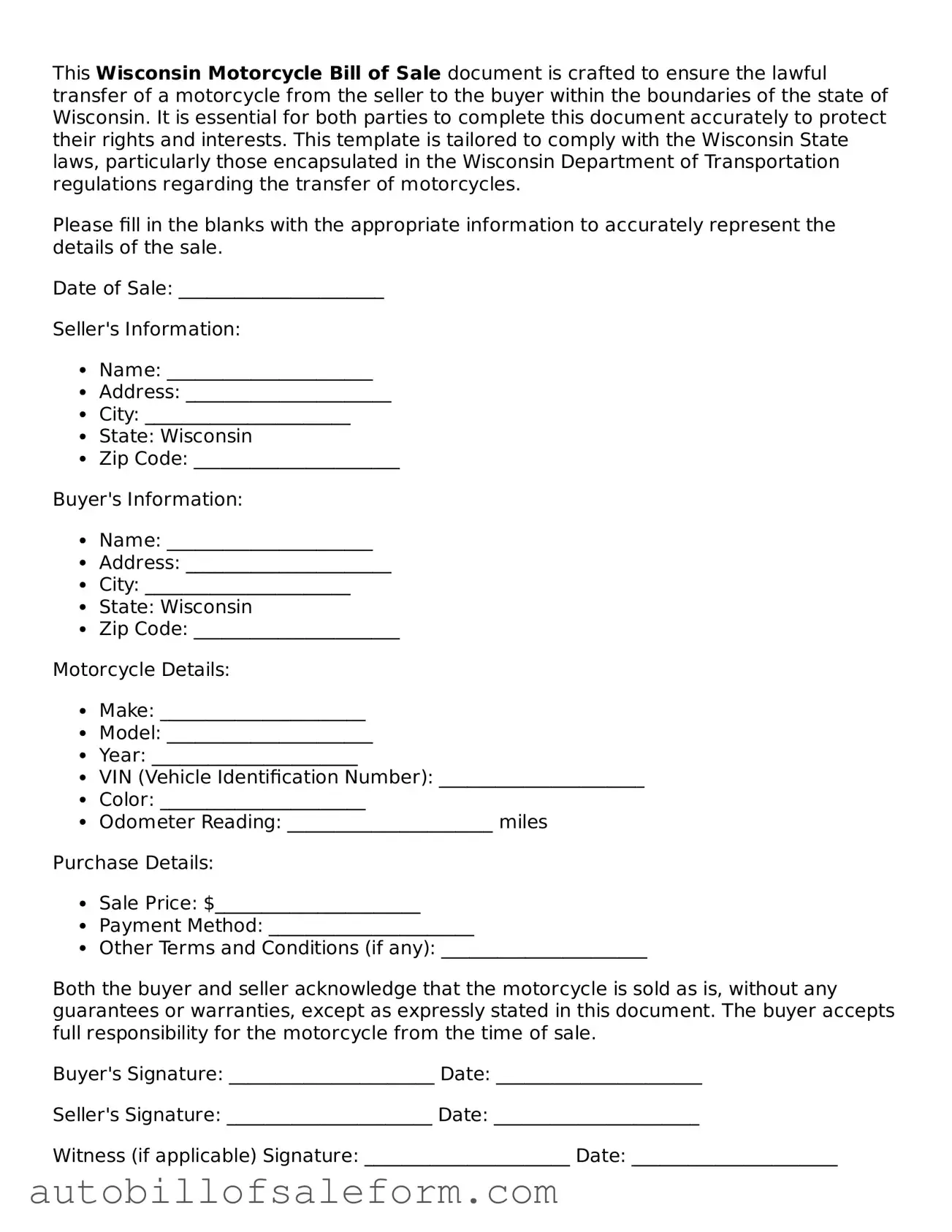 Free  Motorcycle Bill of Sale Template for Wisconsin