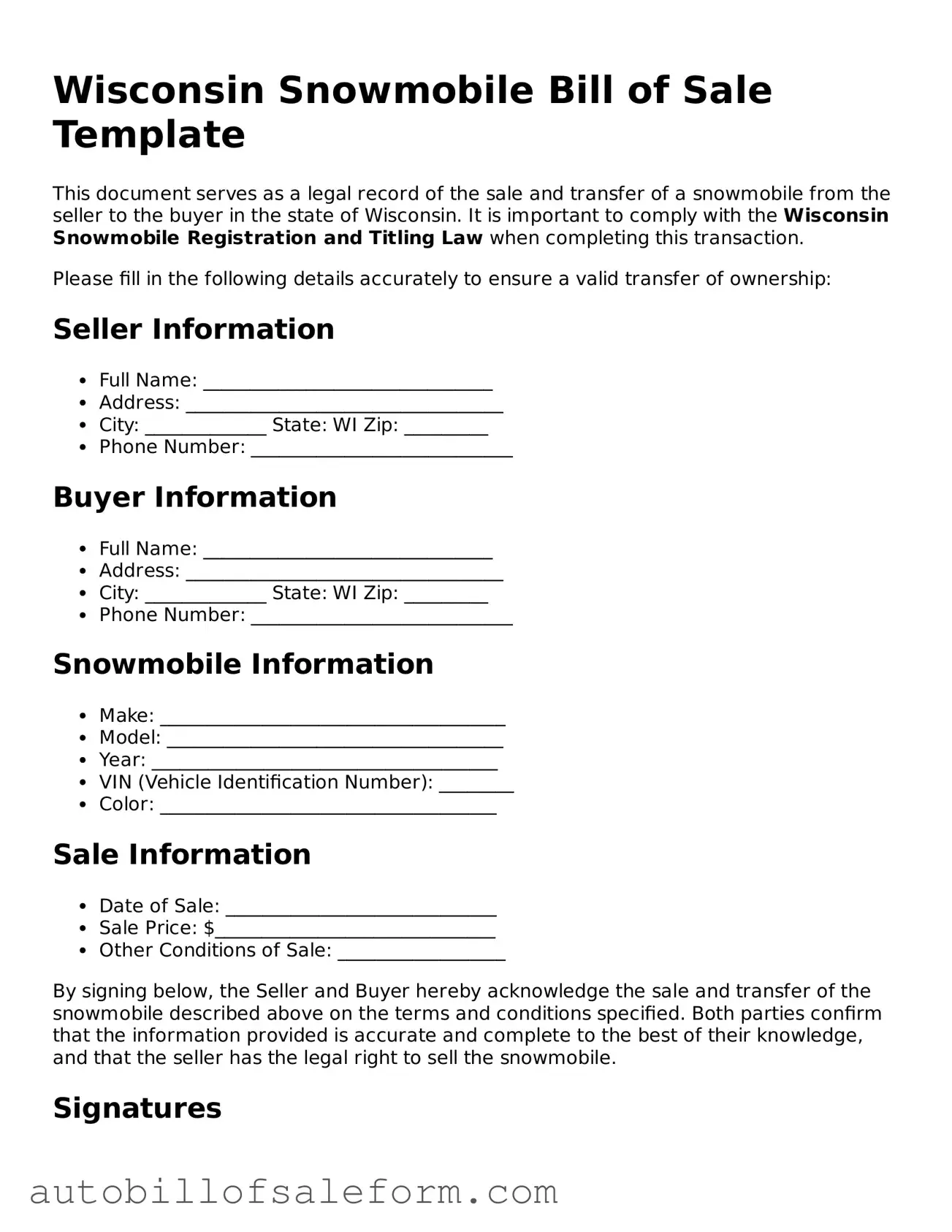 Free  Snowmobile Bill of Sale Template for Wisconsin