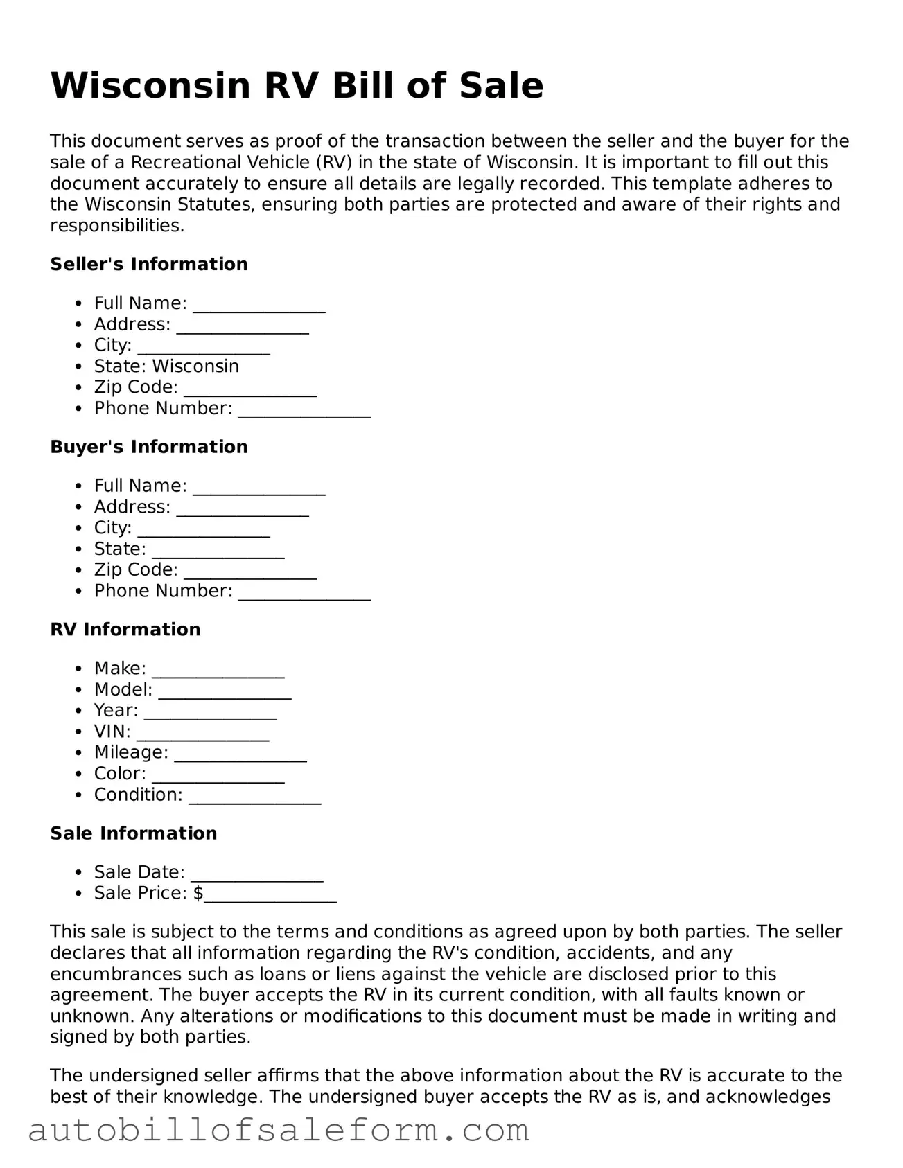 Free  RV Bill of Sale Template for Wisconsin