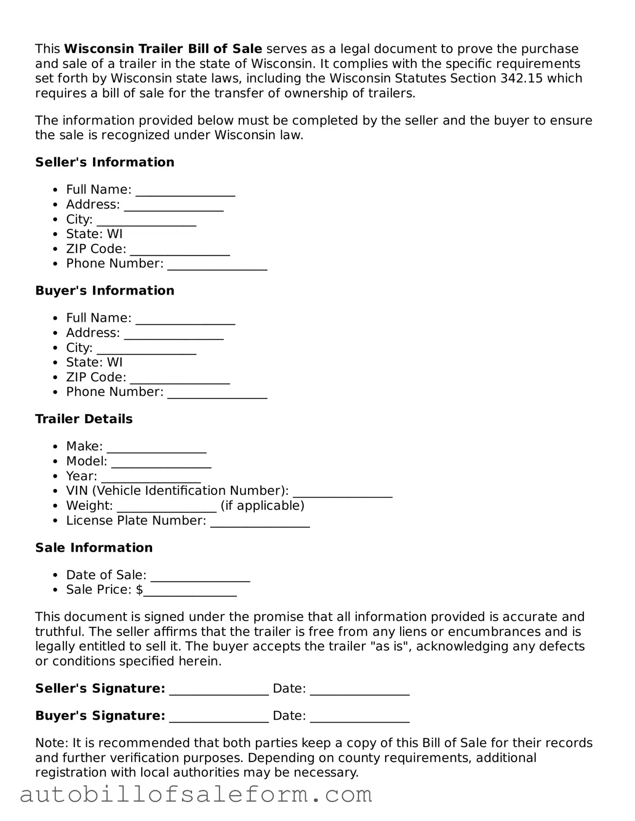 Free  Trailer Bill of Sale Template for Wisconsin